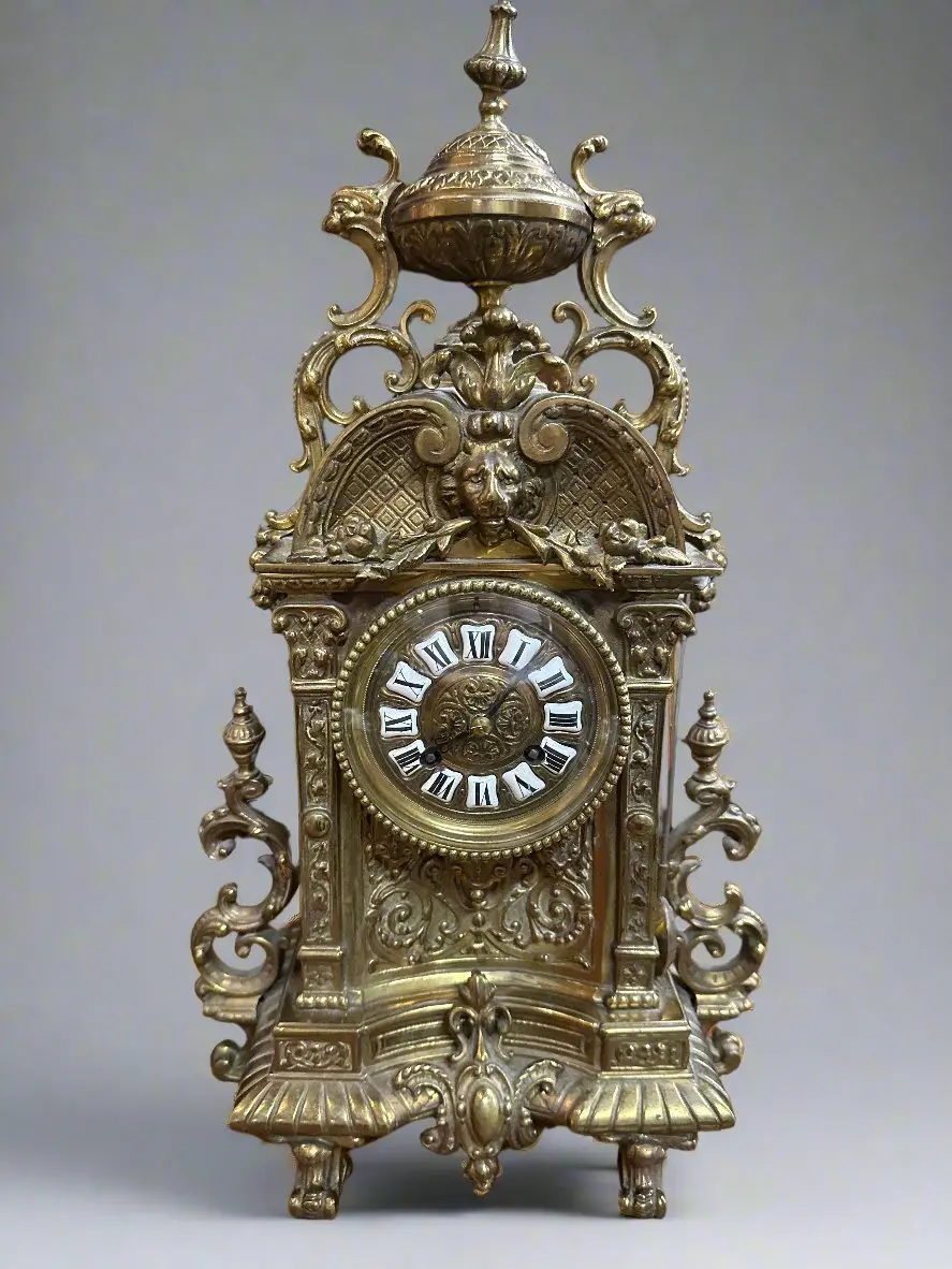 Brass Mantle Clock With Griffins And Lion Mask 1