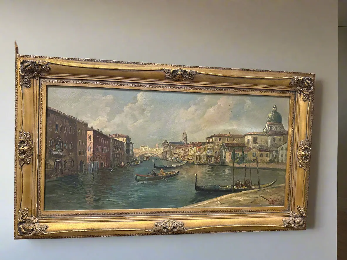 Large Framed  Midcentury Venice Oil Painting Signed 1