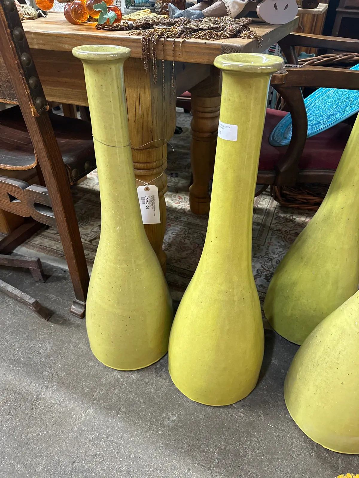 Pair Of Chartreuse Green Tall Pottery Vases 1