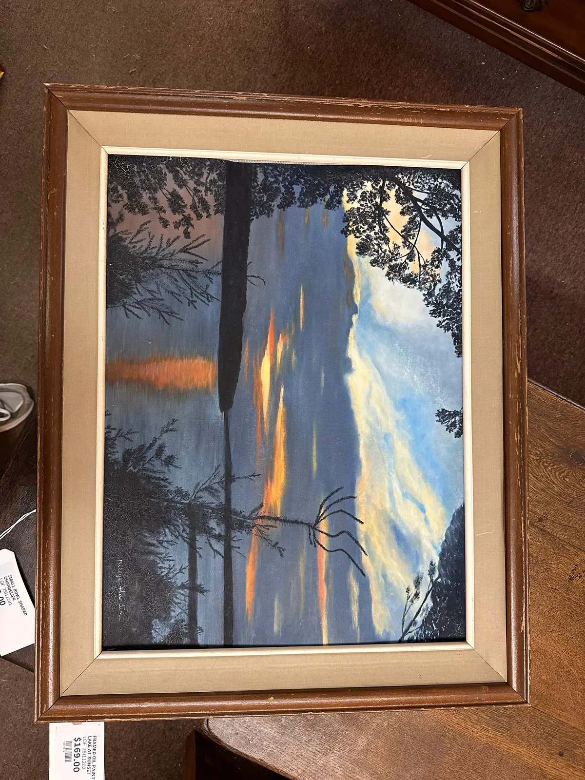 Framed Oil Painting Of A Lake At Sunset 1
