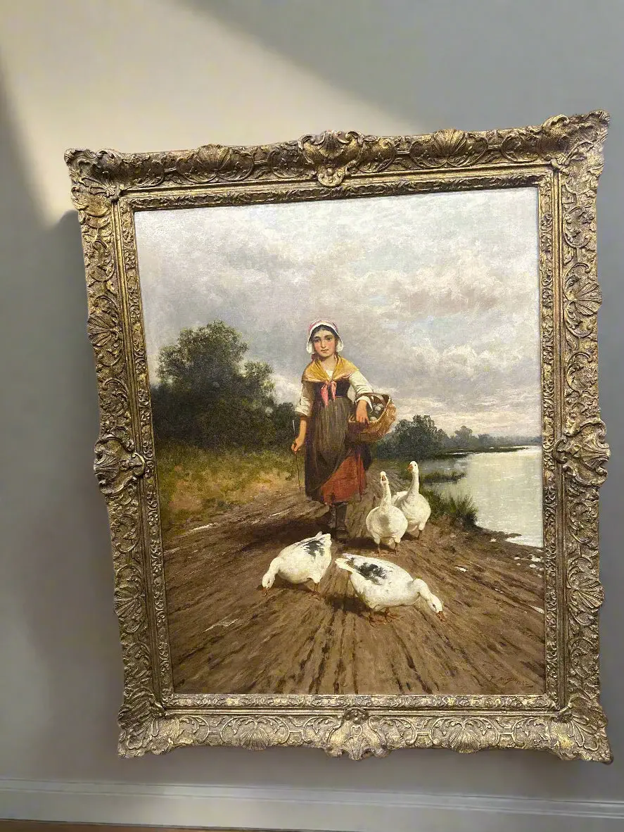 Framed Oil Painting Of A Girl With Geese By P. Anoyes Circa 1882 1