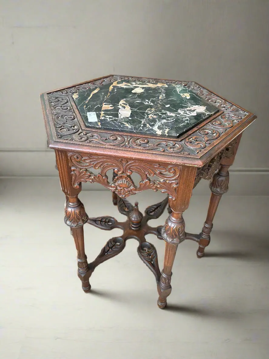 Carved Walnut Octagon Table With Marble Insert 1