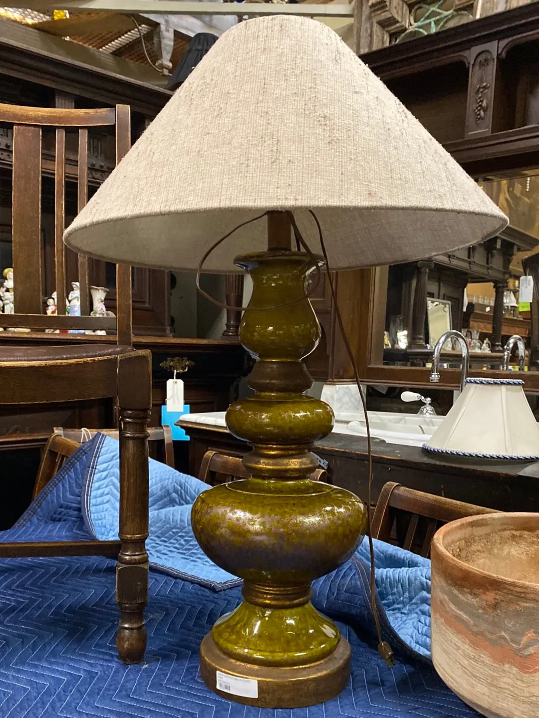 Large Vintage Green Glass Lamp 1