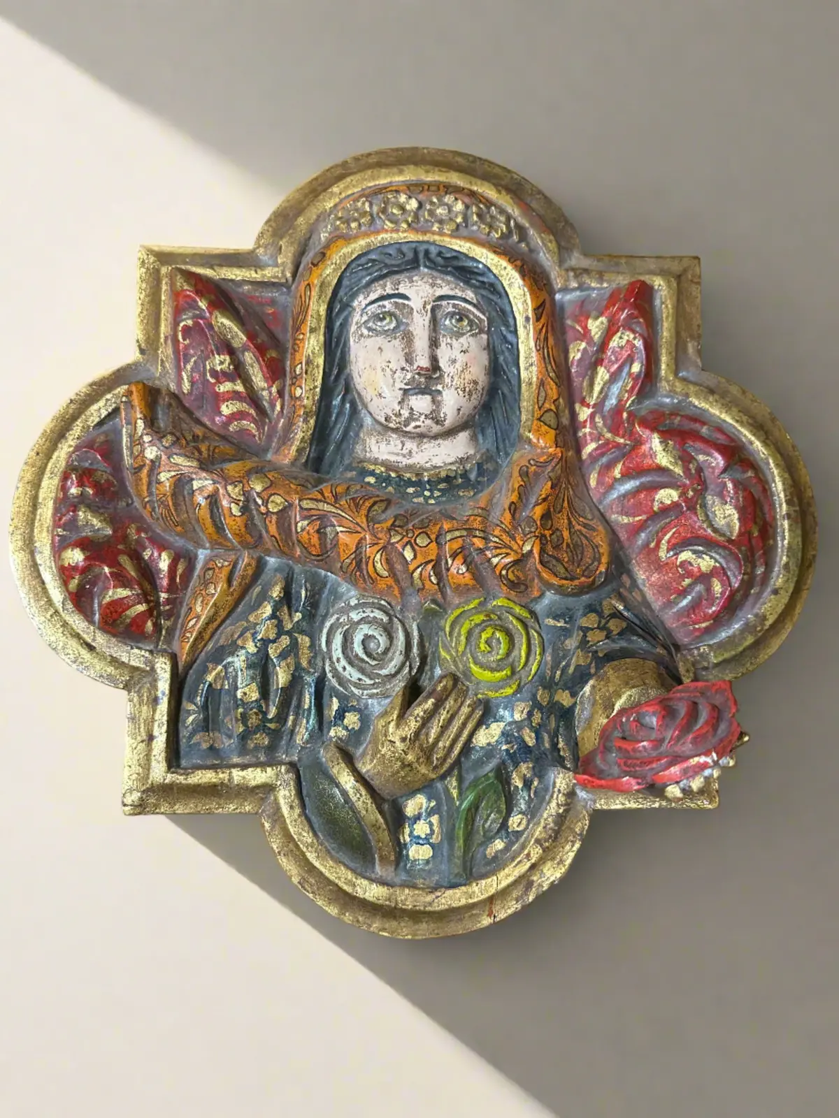 Hand Carved And Painted Religious Lady Wall Plaque 1