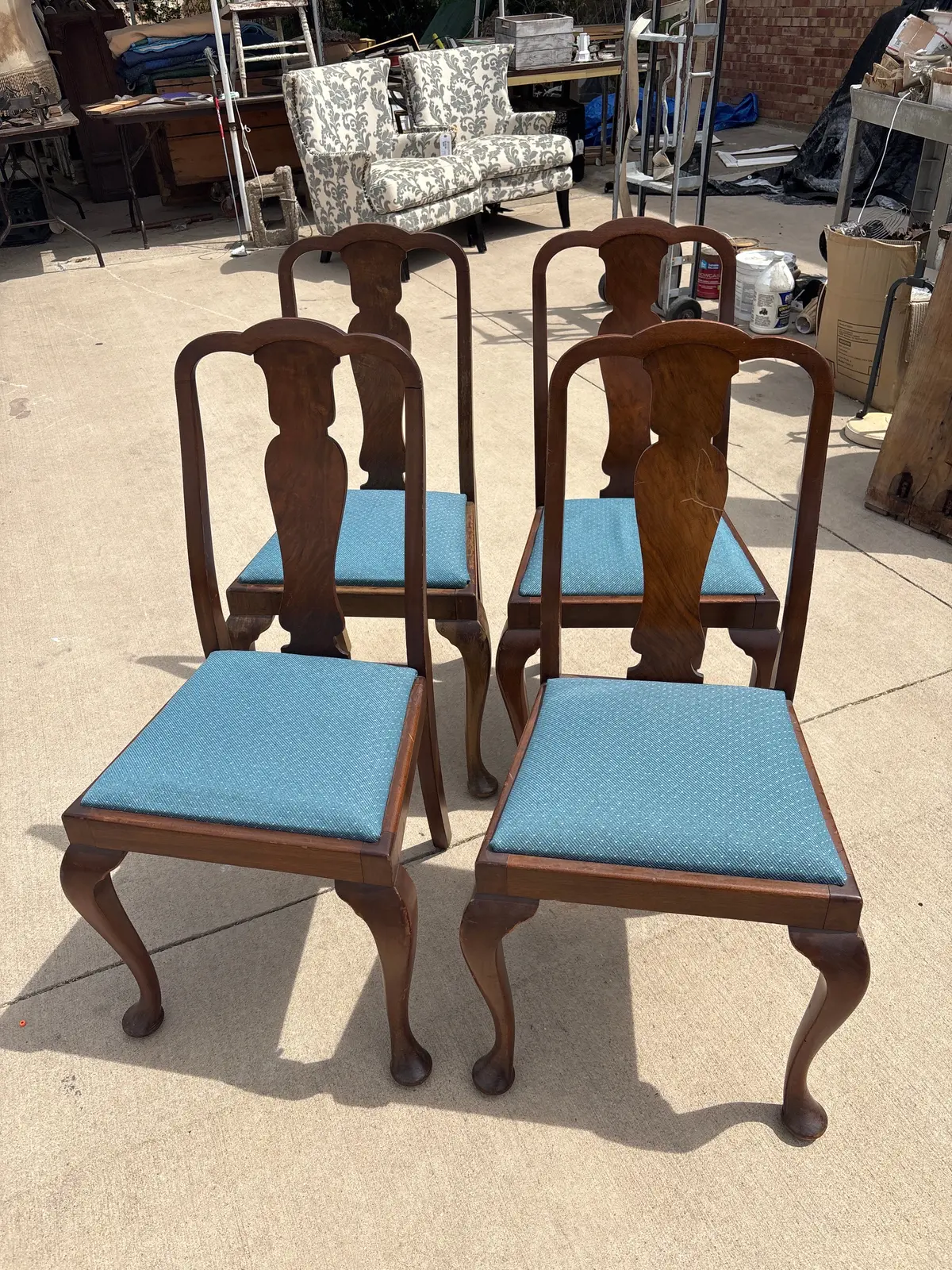 Set Of 4 Blue Upholstered Queen Anne Walnut Chairs 1