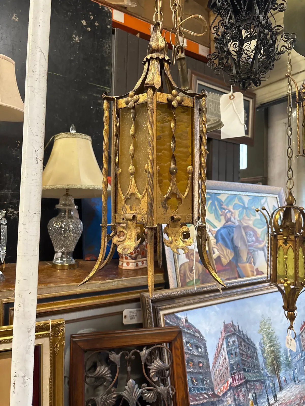 Gold Glass And Metal Hanging Gothic Lantern 1