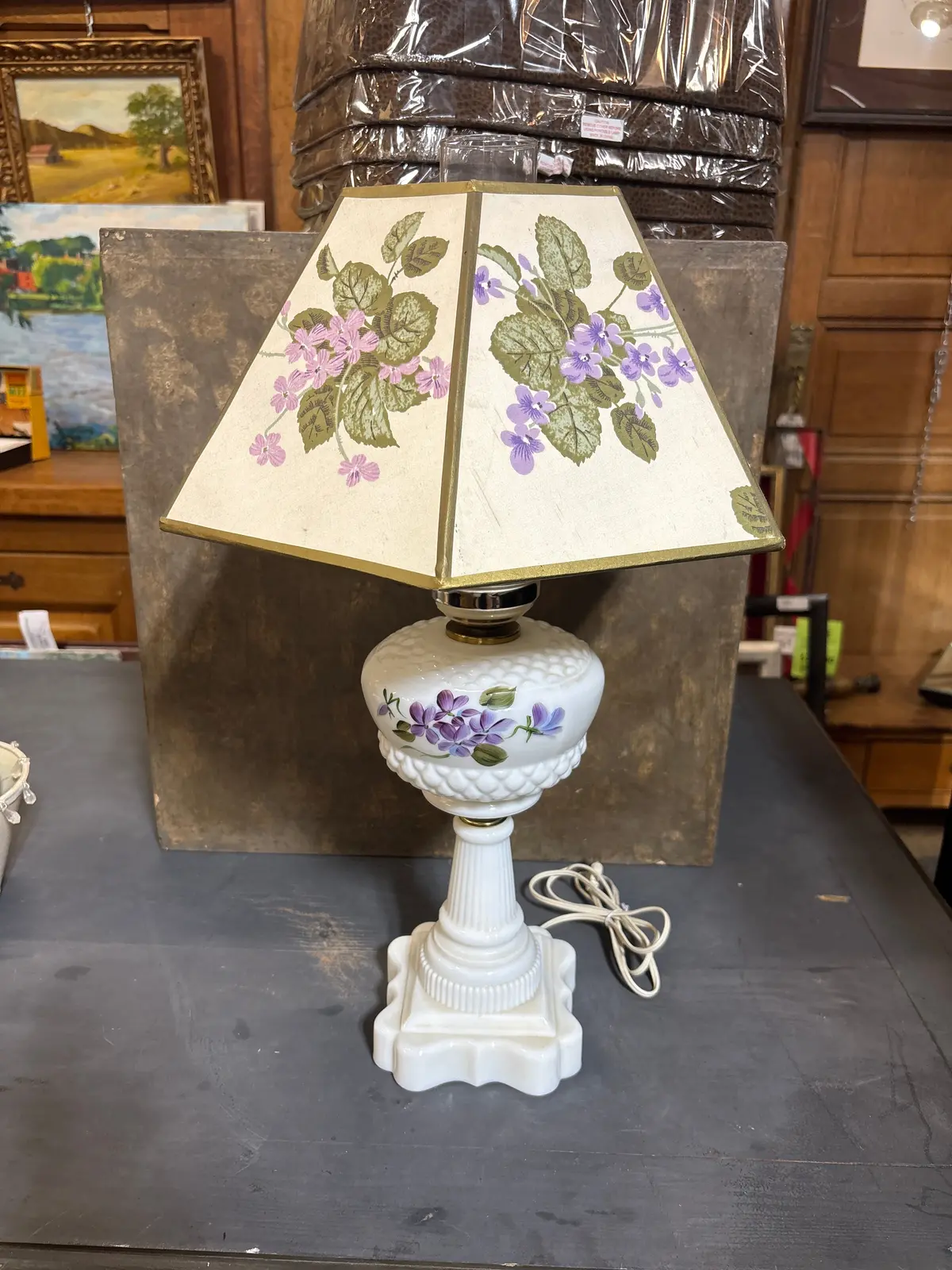 Purple Floral Milk Glass Table Lamp 1