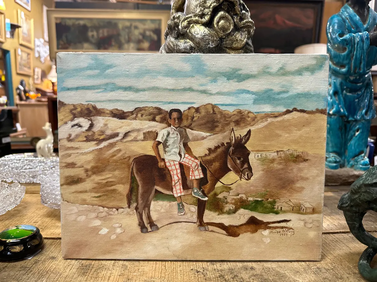 Small Blacked Framed Oil P Painting Of A Boy On A Donkey By Maude Waters 1