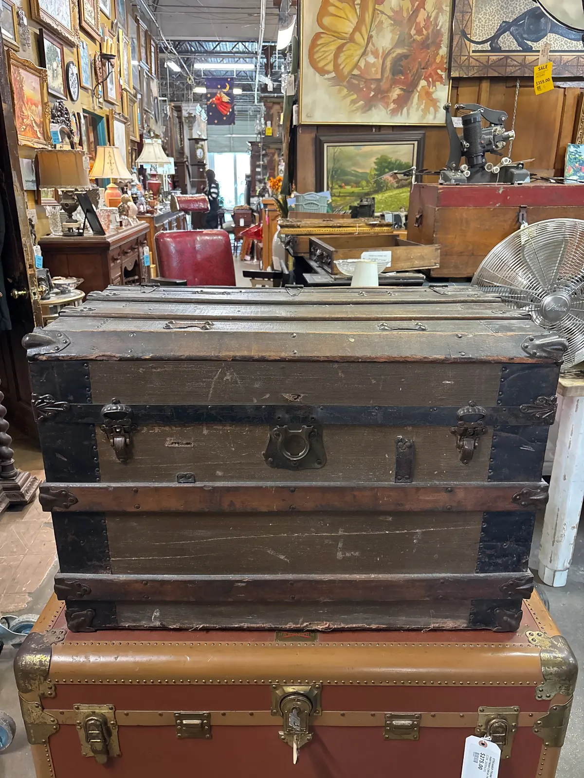 Metal Shipping Trunk With Wood Straps And Floral Lined Interior 1