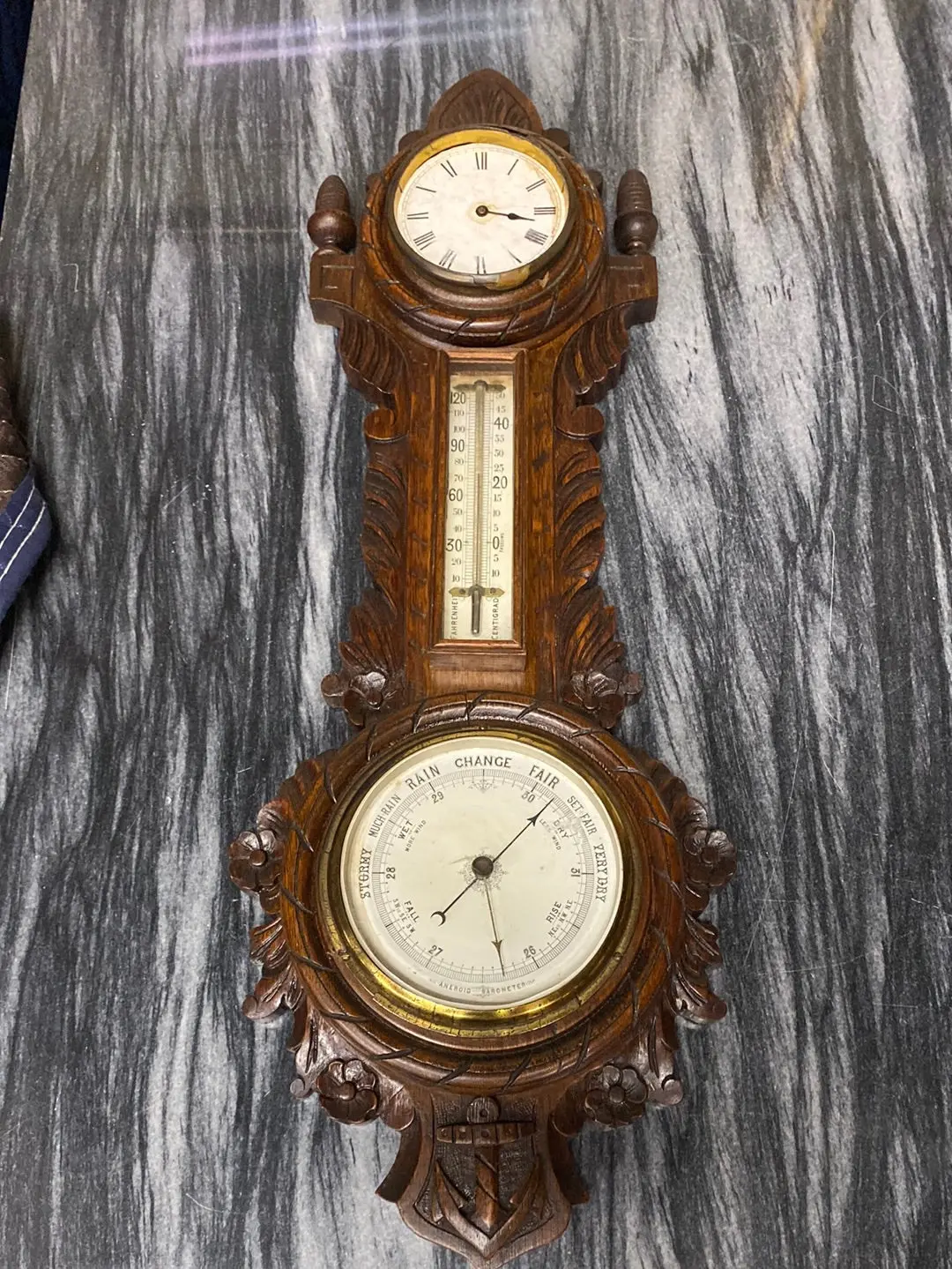 Large Carved Oak Barometer With Acorns Finials 1