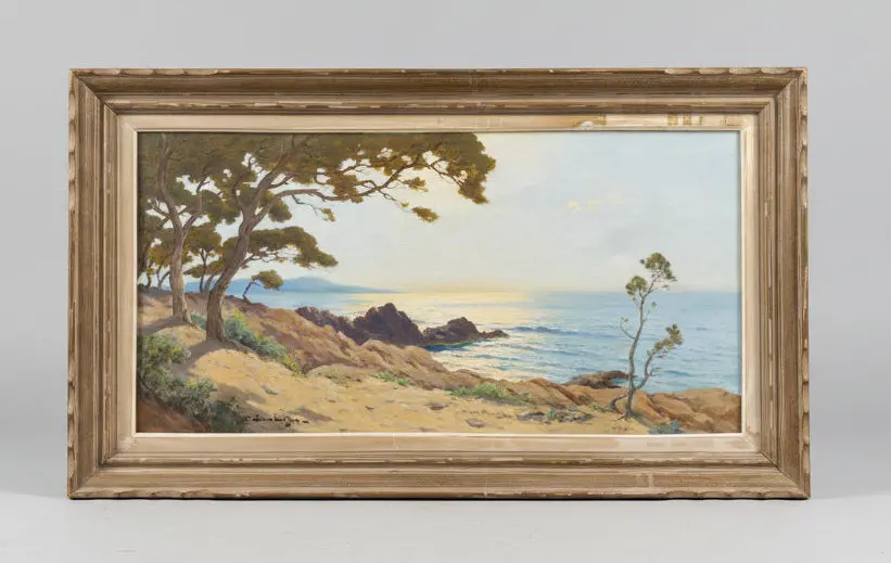 Rustic Framed Seascape Oil Painting Jean Lefon 1886-1973 French 1