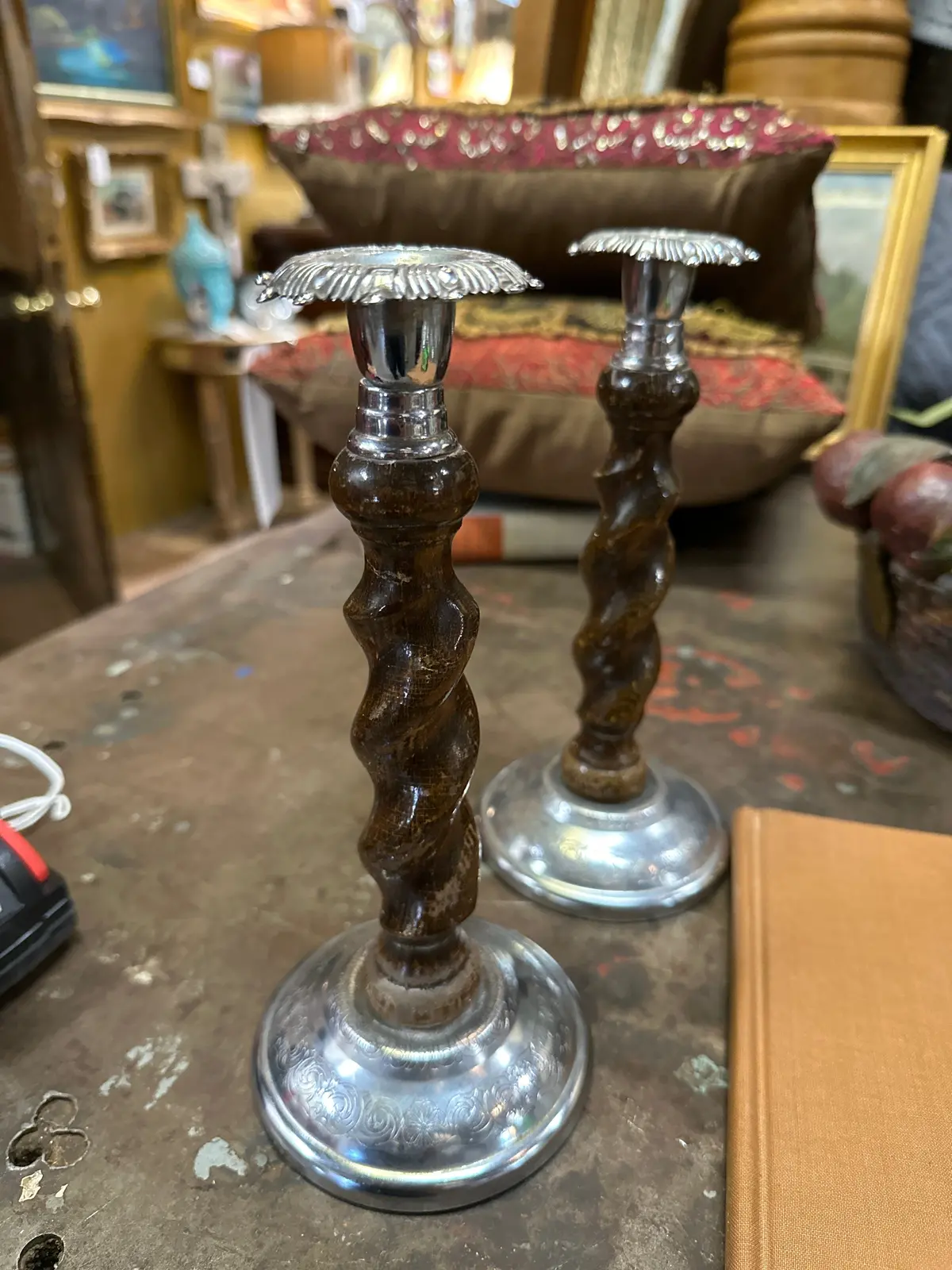 Pair Of Barley Twist Wood And Metal Candlesticks 1