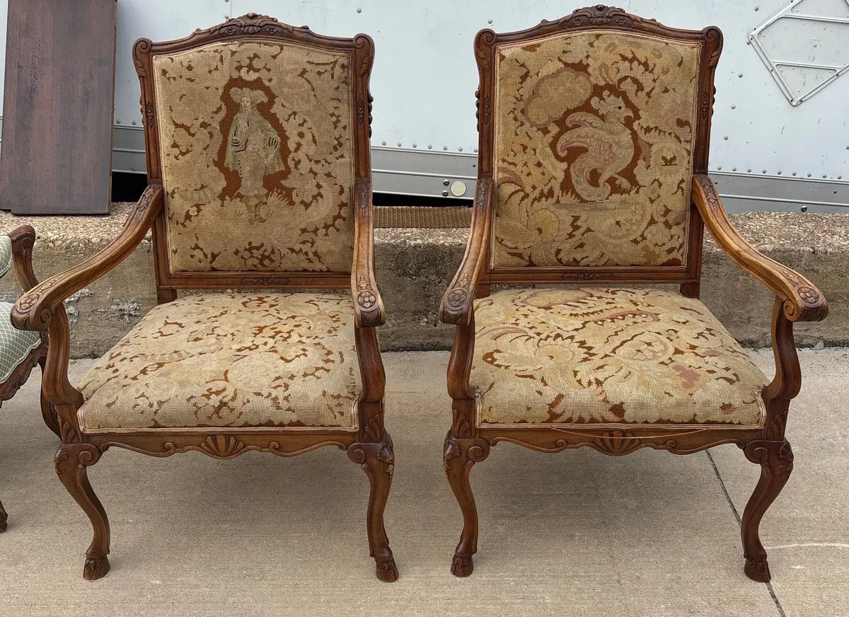 Pair Of Lxv Oak Needlepoint Arm Chairs With Hoof Feet 1