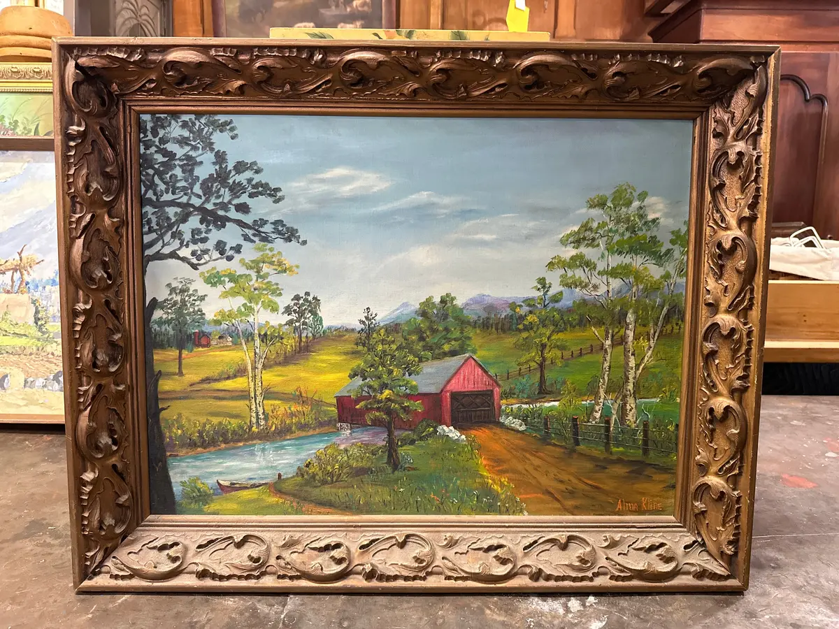 Carved Wood Framed Primitive Oil Painting On Board Of A Covered Bridge 1