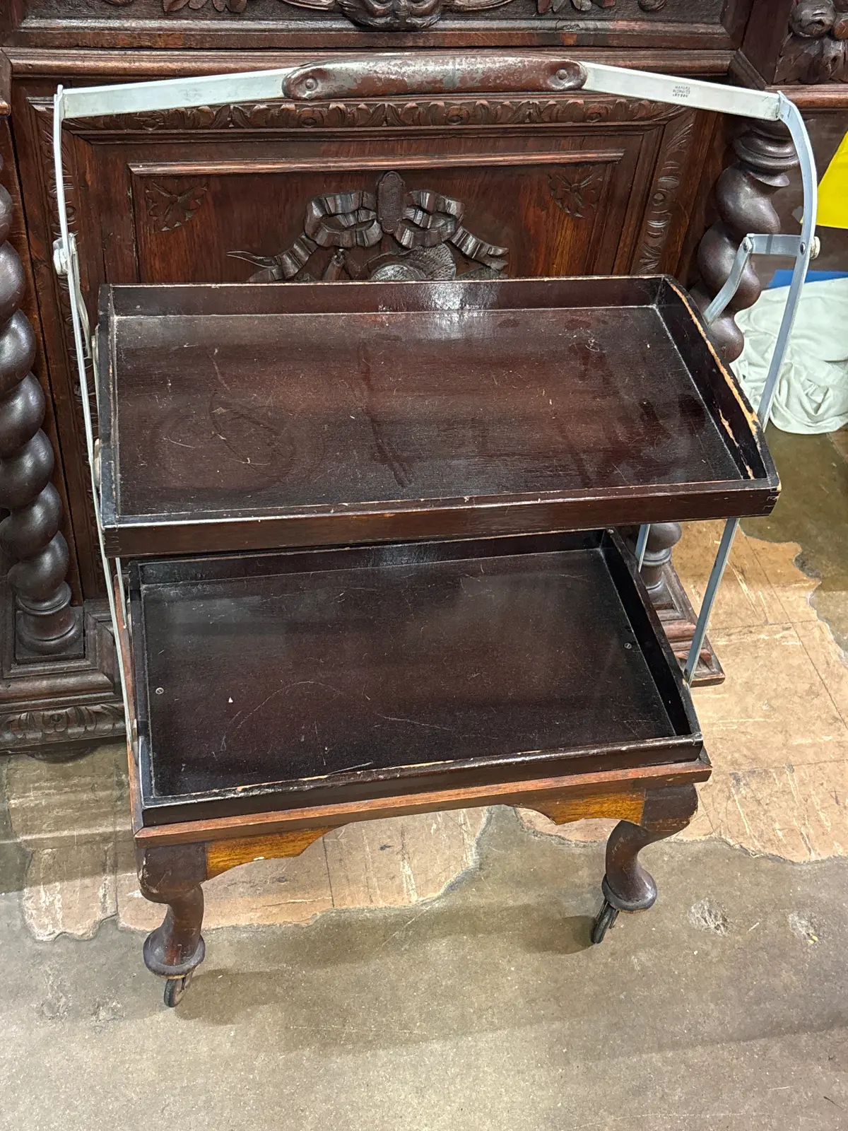 English Two Tiered Wood Rolling Cart 1