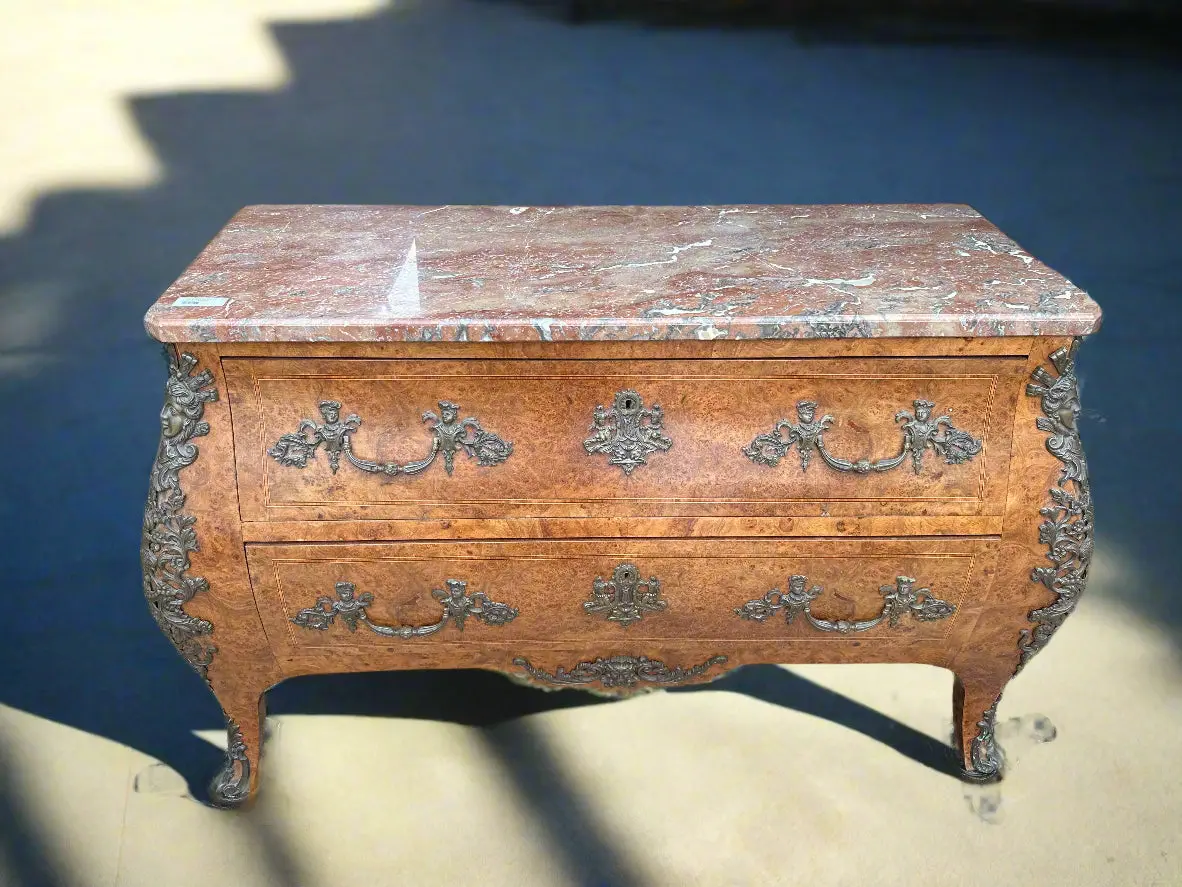 Large Burled Wood Marble Top Chest With Ormolu 1