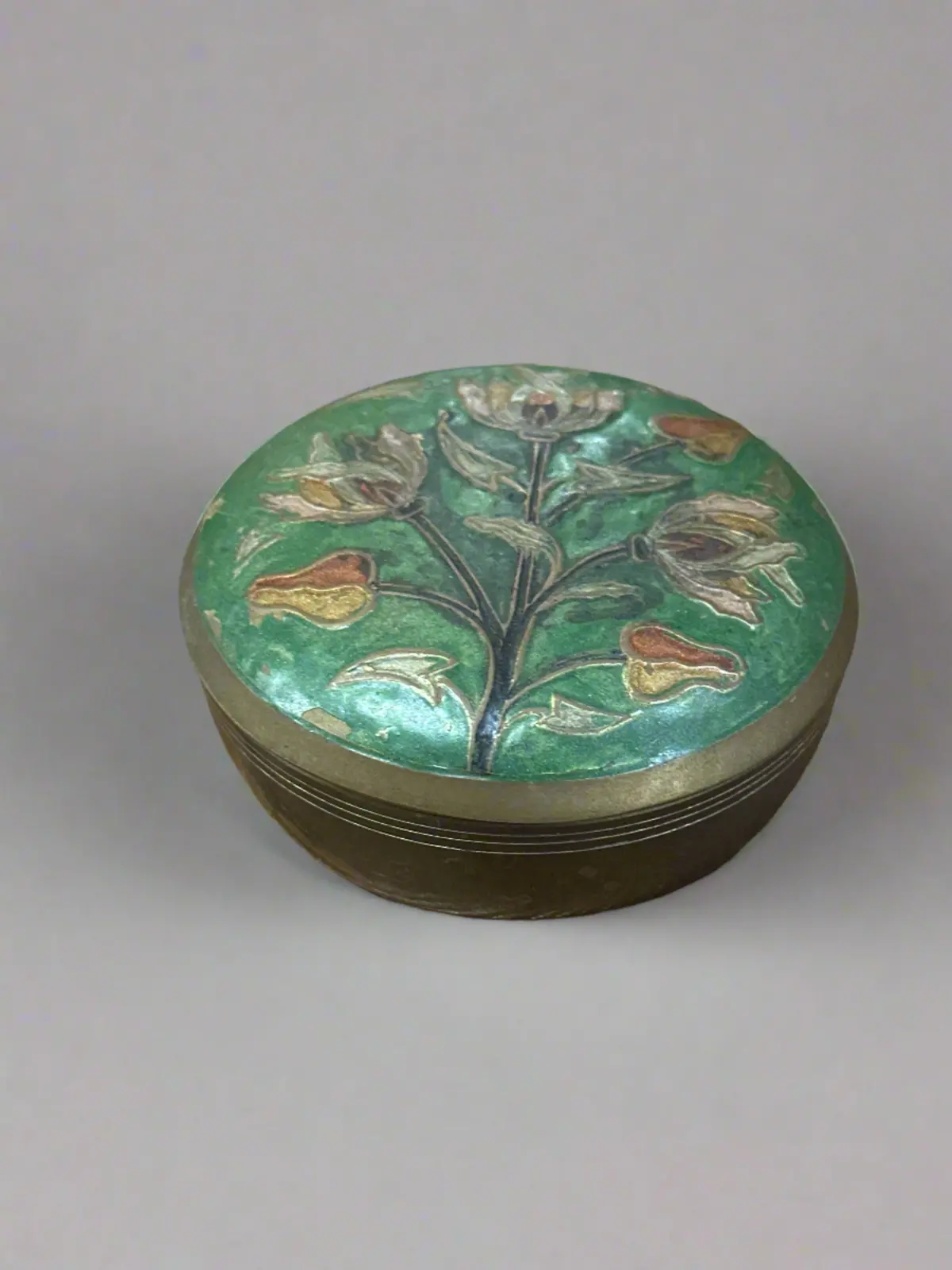 Round Brass Box With Green Enameled Lid 1