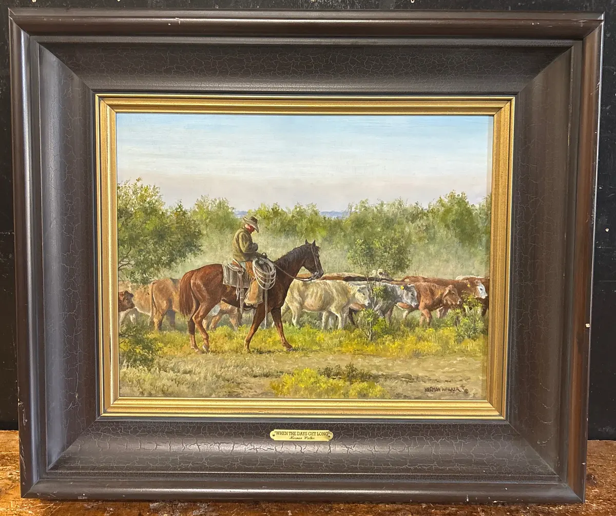 Medium Framed Oil Painting Of A Cowboy And Cows "When The Days Get Long" - Signed Herman Walker 1