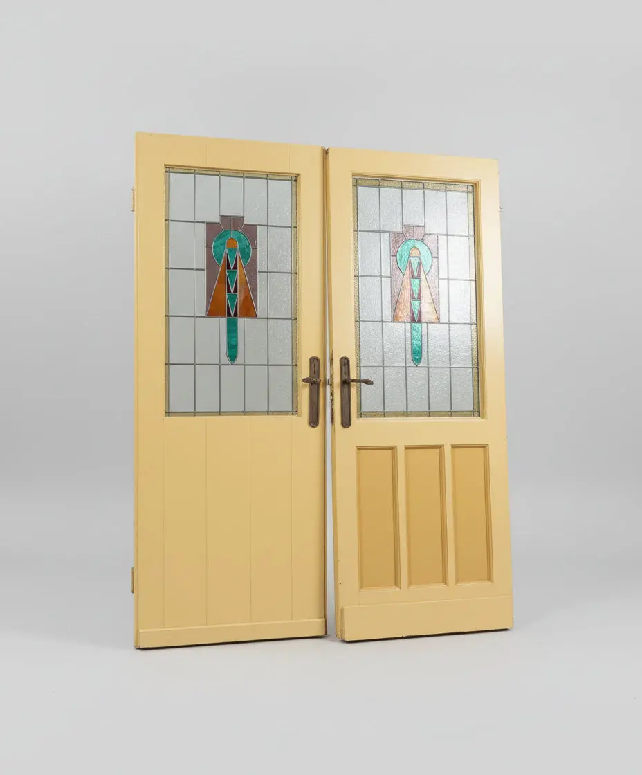 Pair Of Leaded And Stained Glass Doors With Yellow Frames 1