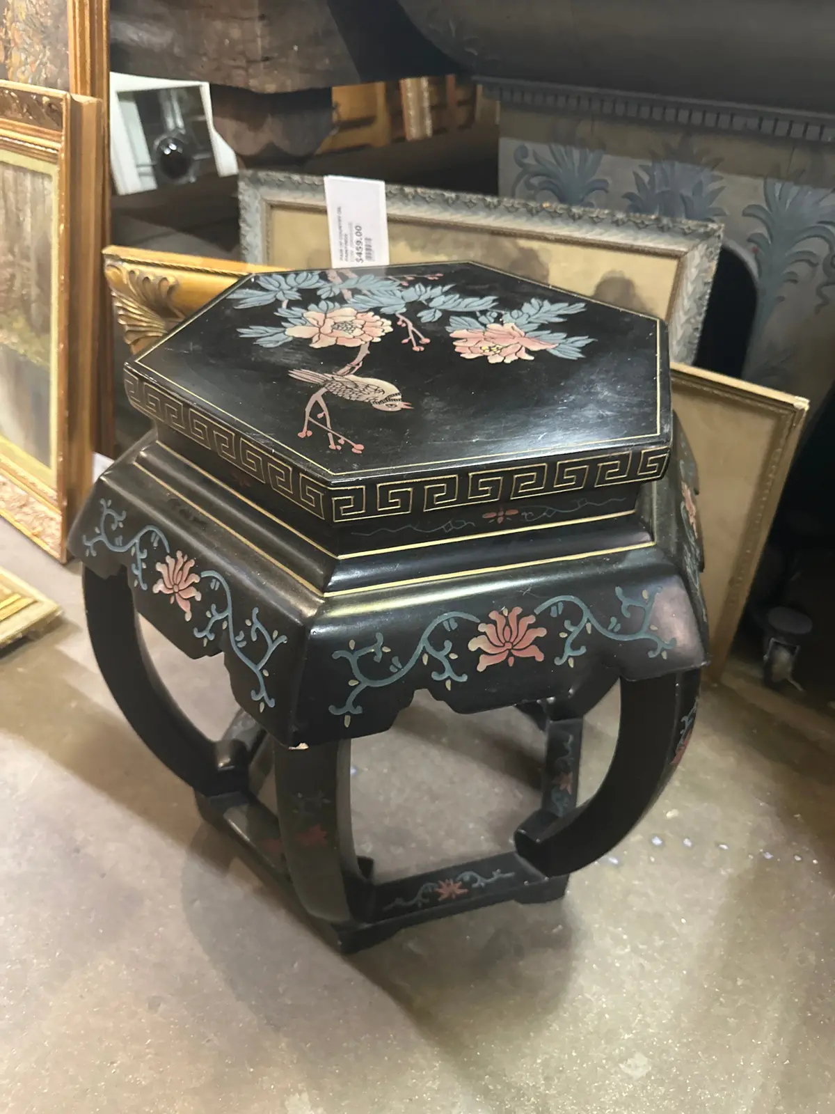 Asian Black Lacquer Hexagon Stool 1