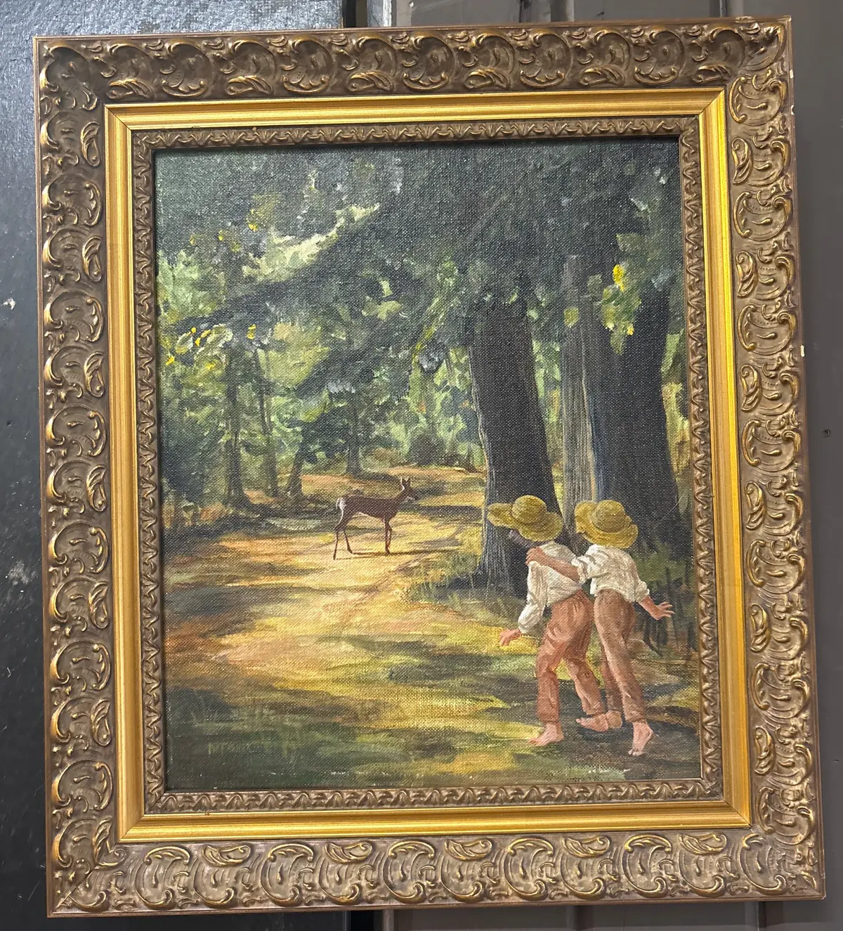 Small Oil Painting Of Boys And Deer On A Dirt Road 1