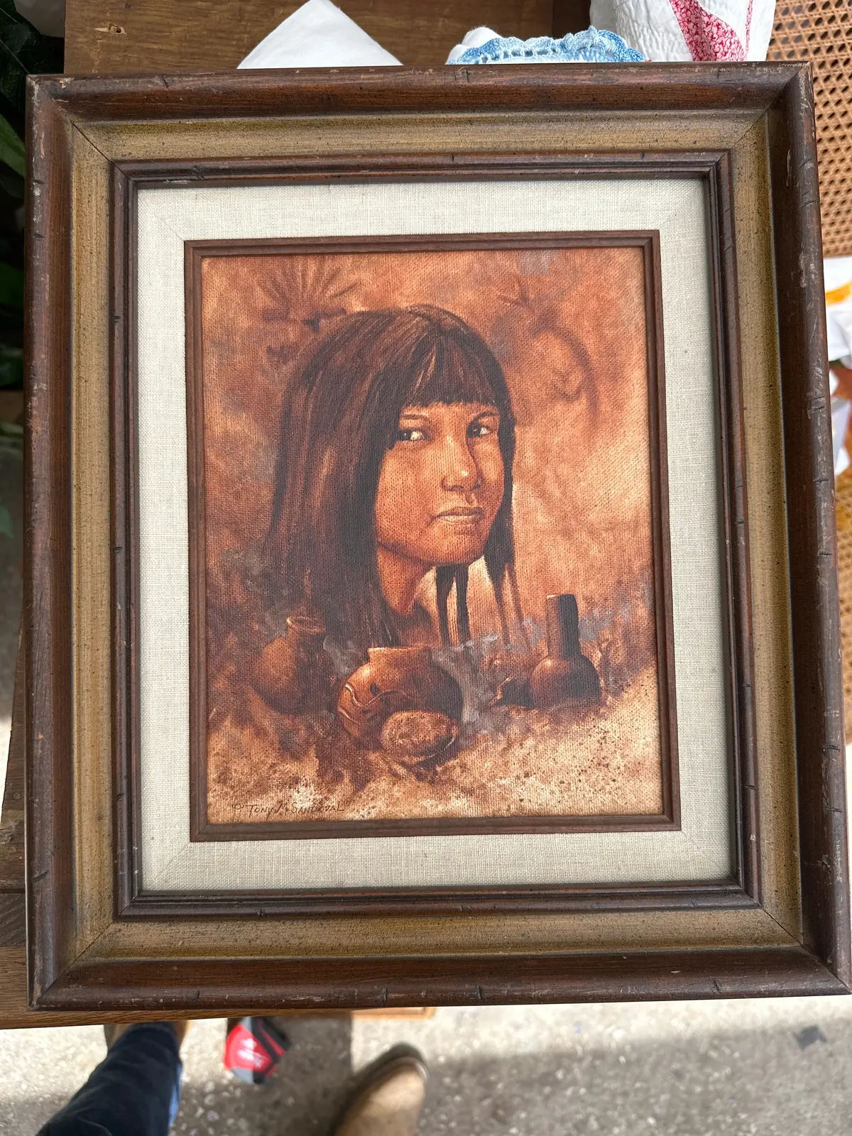 Small Fra,Ed Oil Painting Of A Pueblo Girl Signed Tony M. Sandoval 1
