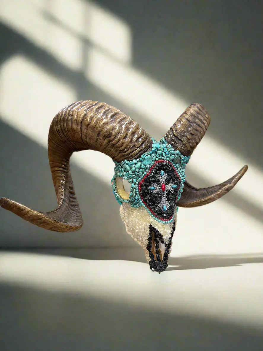 Turquoise Encrusted Rams Head Skull With Horns 1
