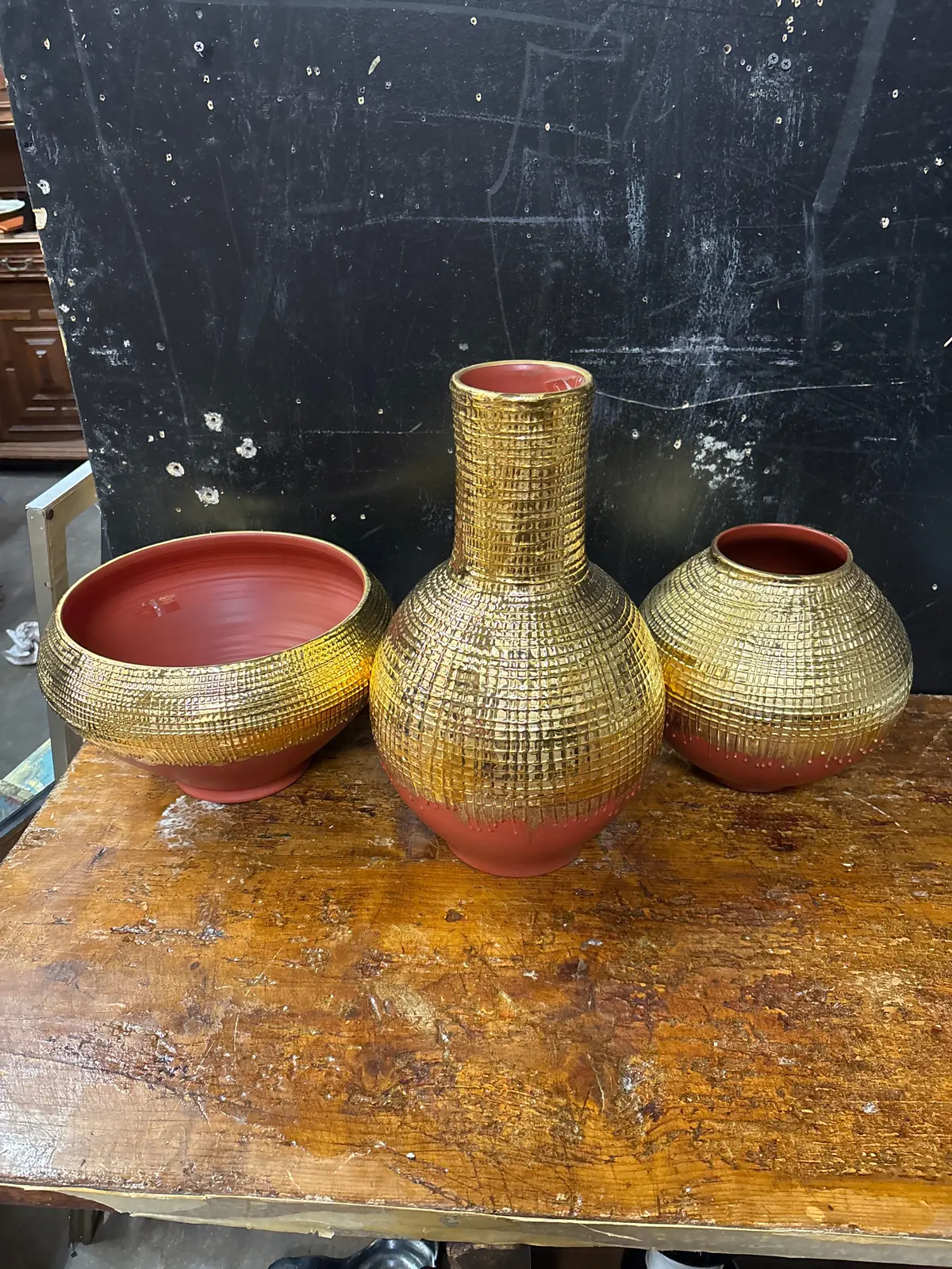 Set Of 3 Gold Glazed Terracotta Vases 1