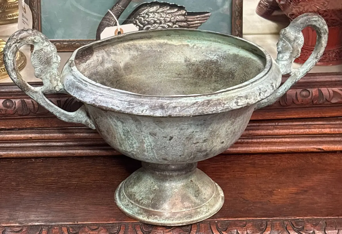 Green Verdigris Compote With Face Handles 1