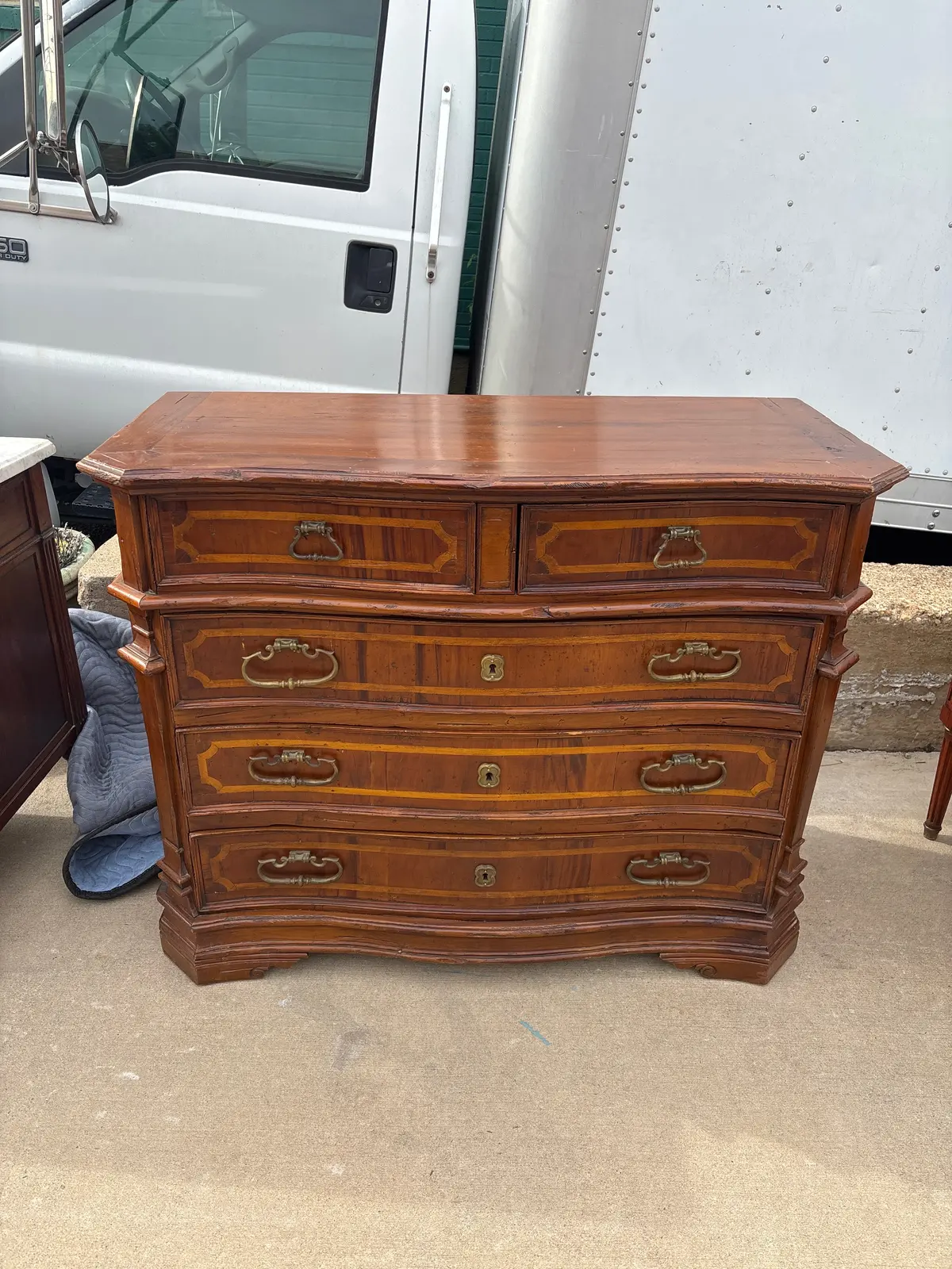 Serpentine Inlaid 5 Drawer Walnut Chest With Large Brass Pulls 1