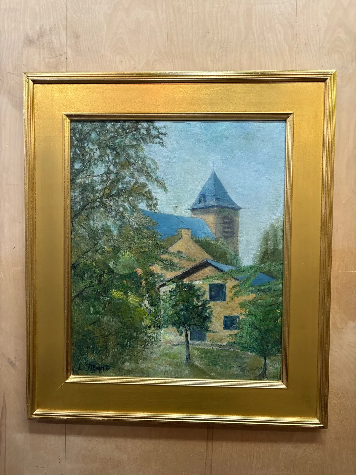 Thick Gold Framed Church Oil Painting - Signed L. Etienne 1