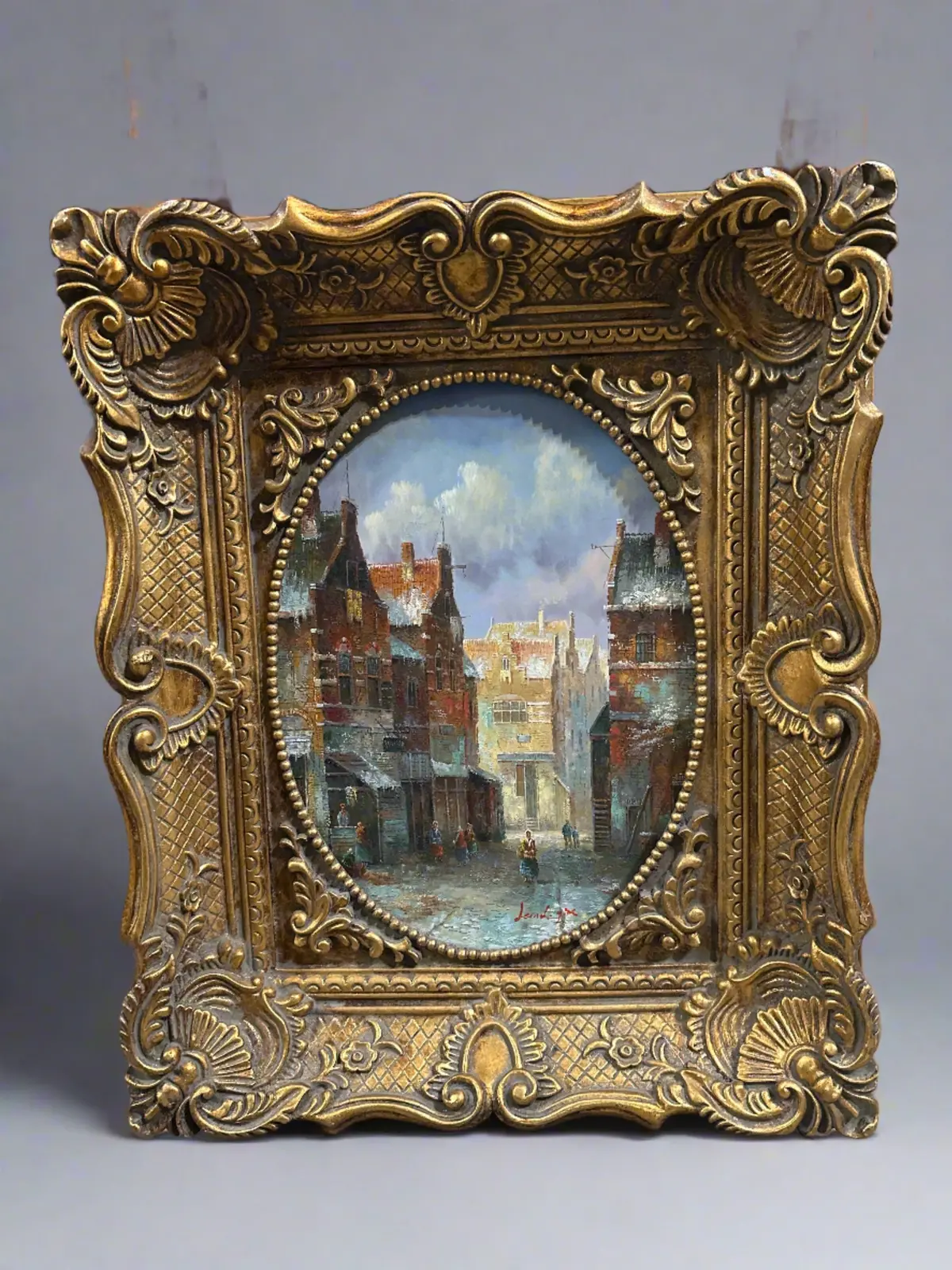 Oval Impressionist European Town Oil Painting In Rectangular Frame 1