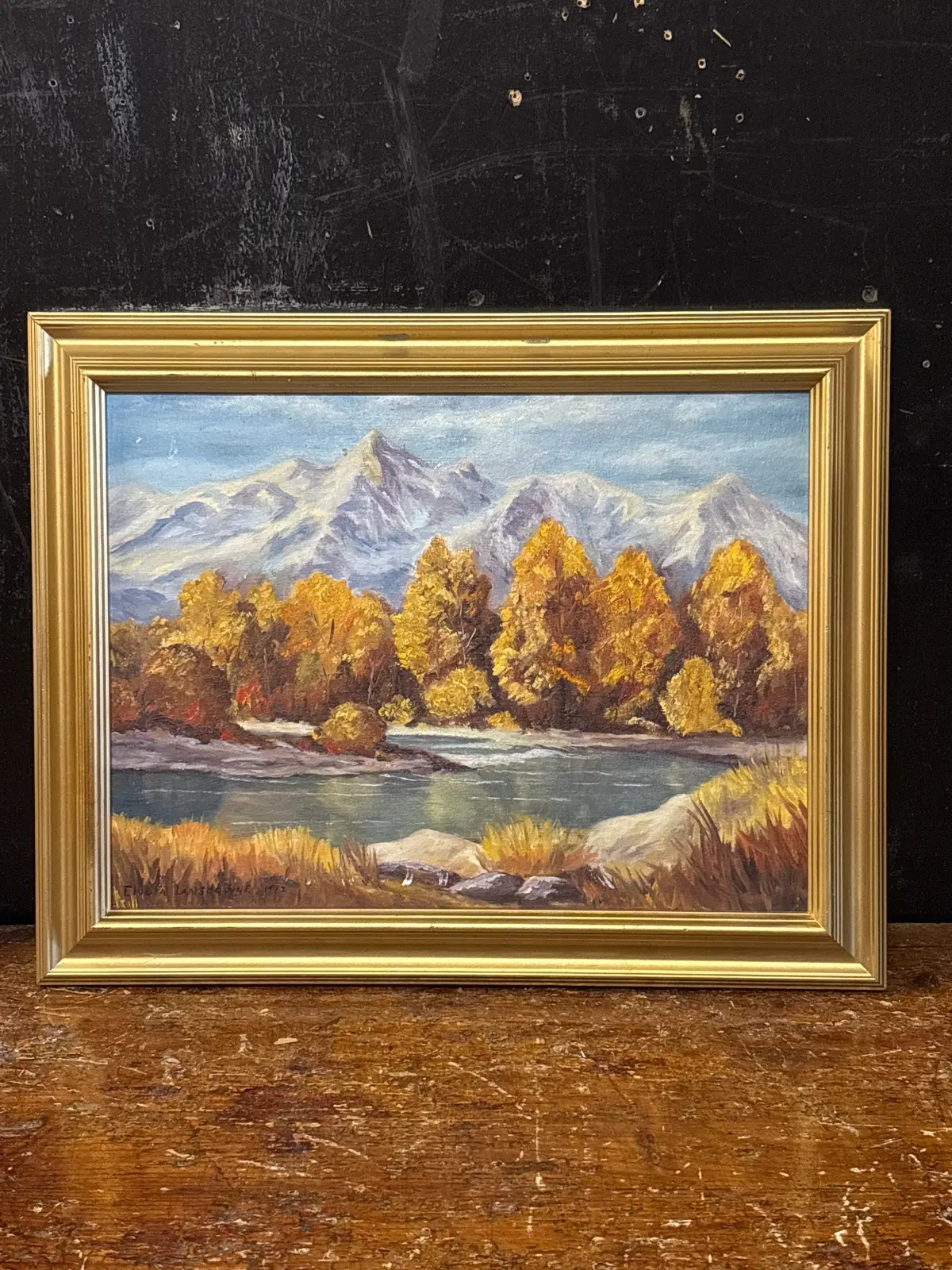 Gold Framed Autumn Mountain Scene With River - Signed Elvora Lansdowne 1972 1