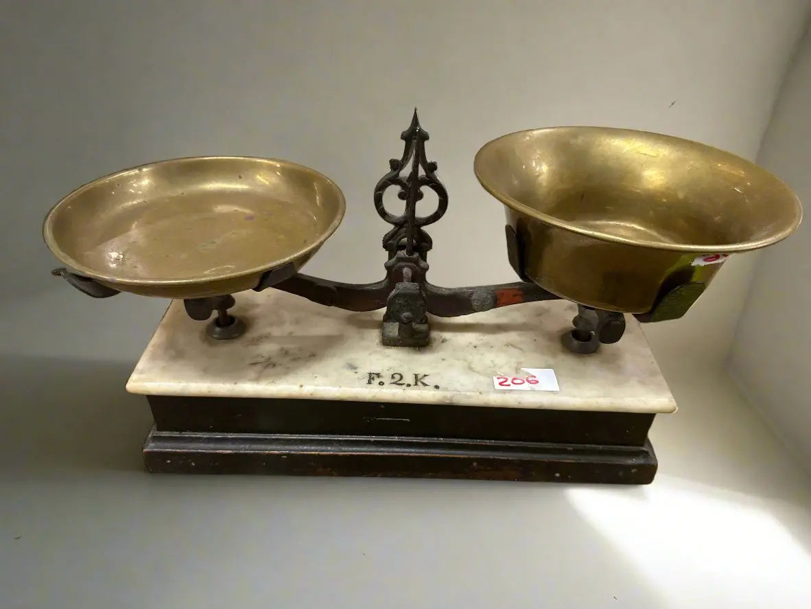 Small Brass Scale On Wood And Marble Base 1