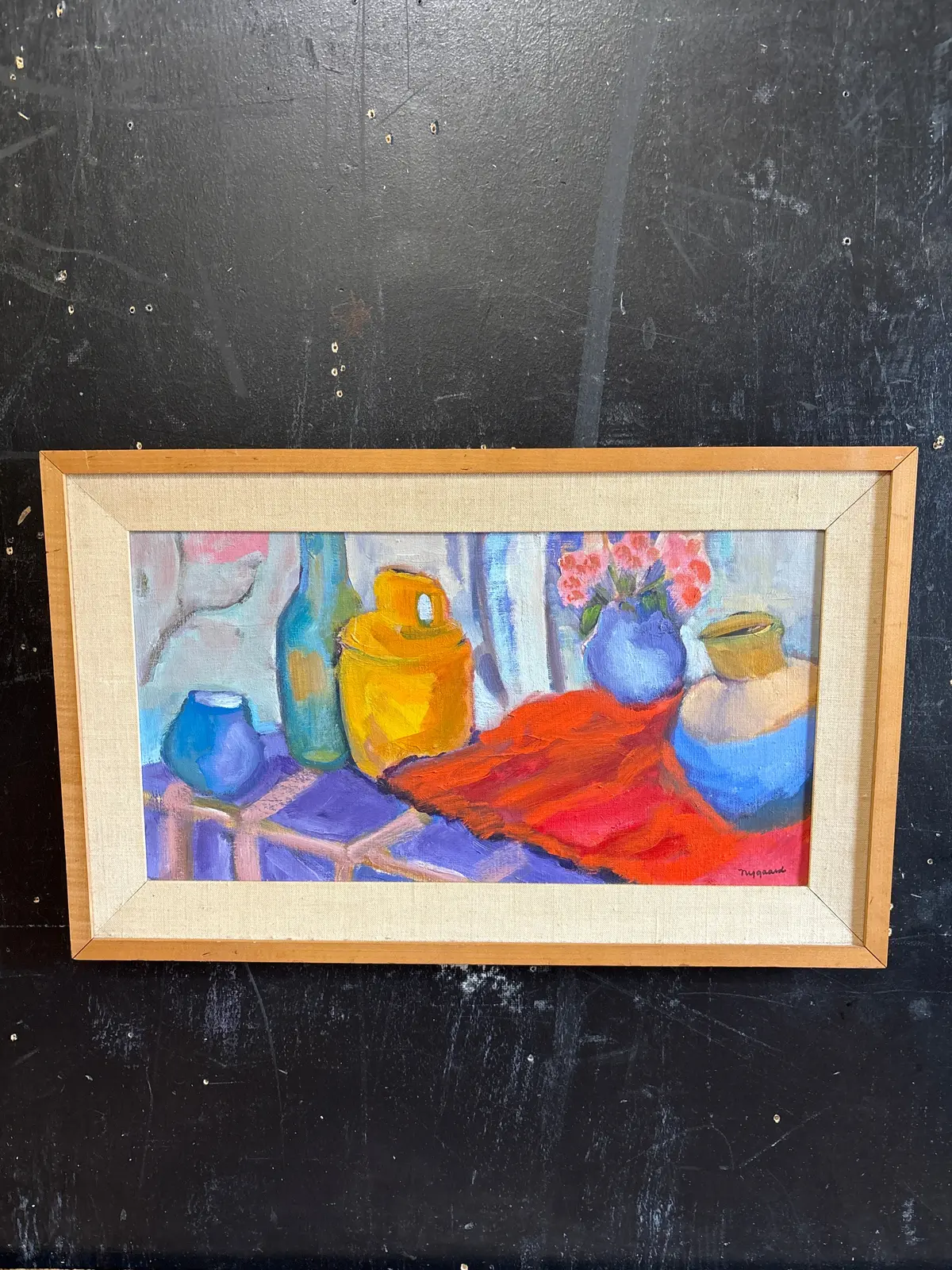 Horizonal Colorful Abstract Still Life Painting Signed Nygaard 1