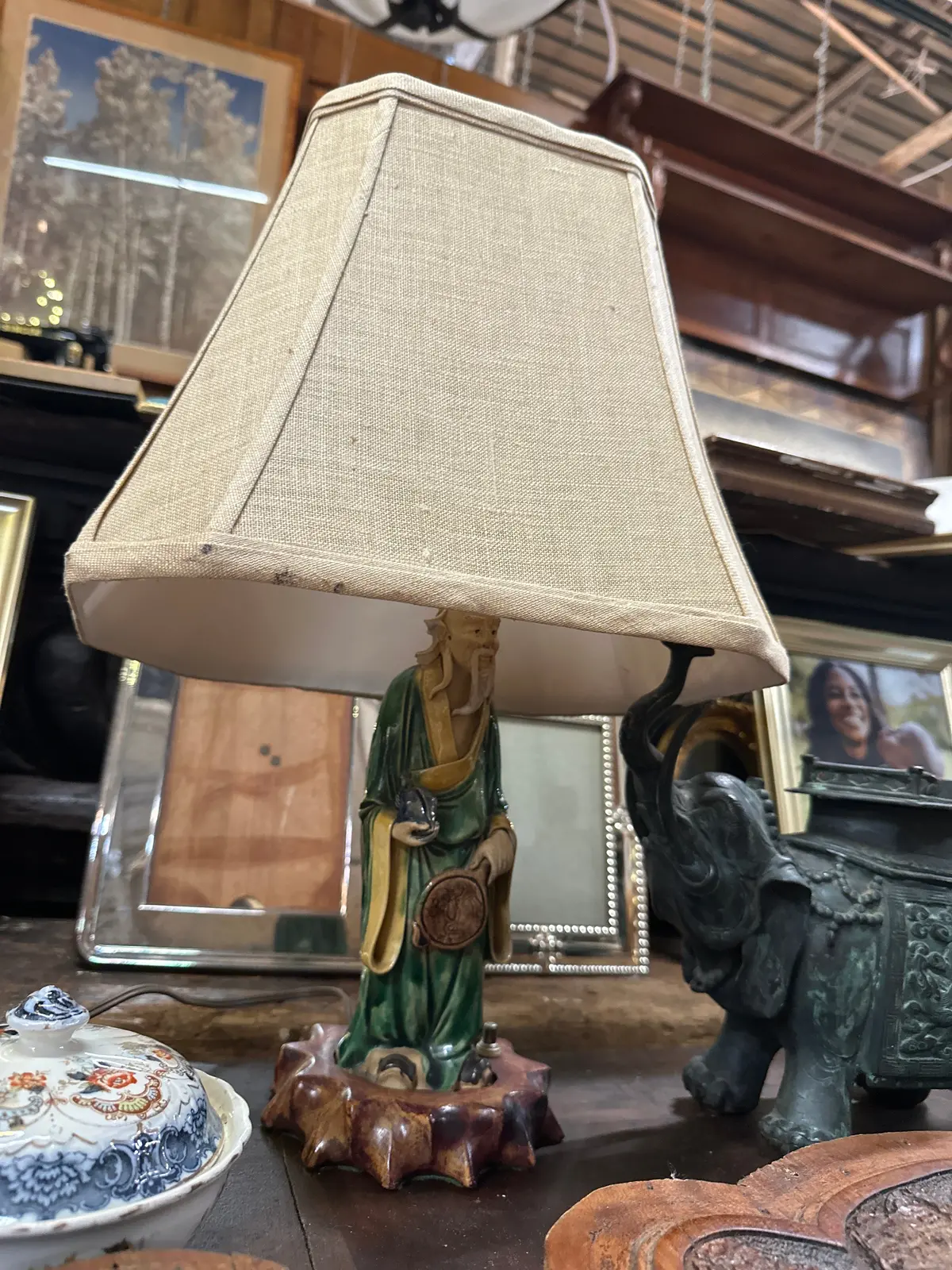 Chinese Green Robed Elder Lamp Pottery 1