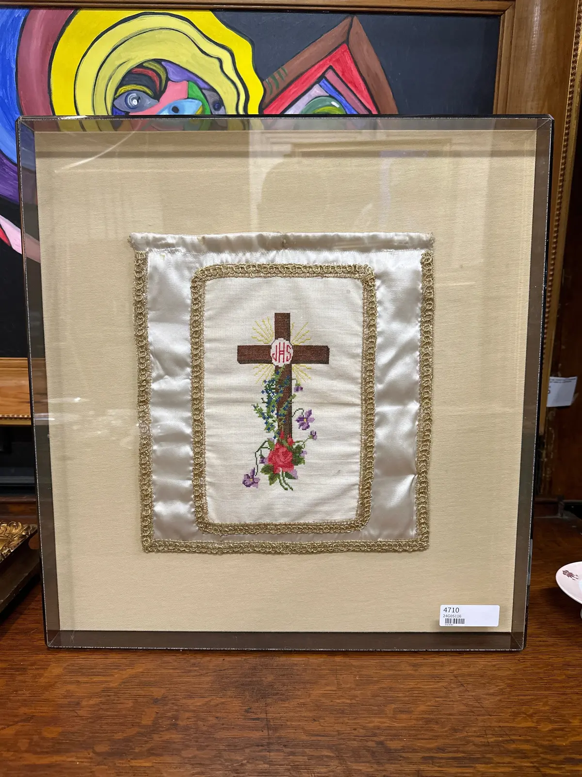 Lucite Shadow Box Framed Embroidery Of Holy Cross 1