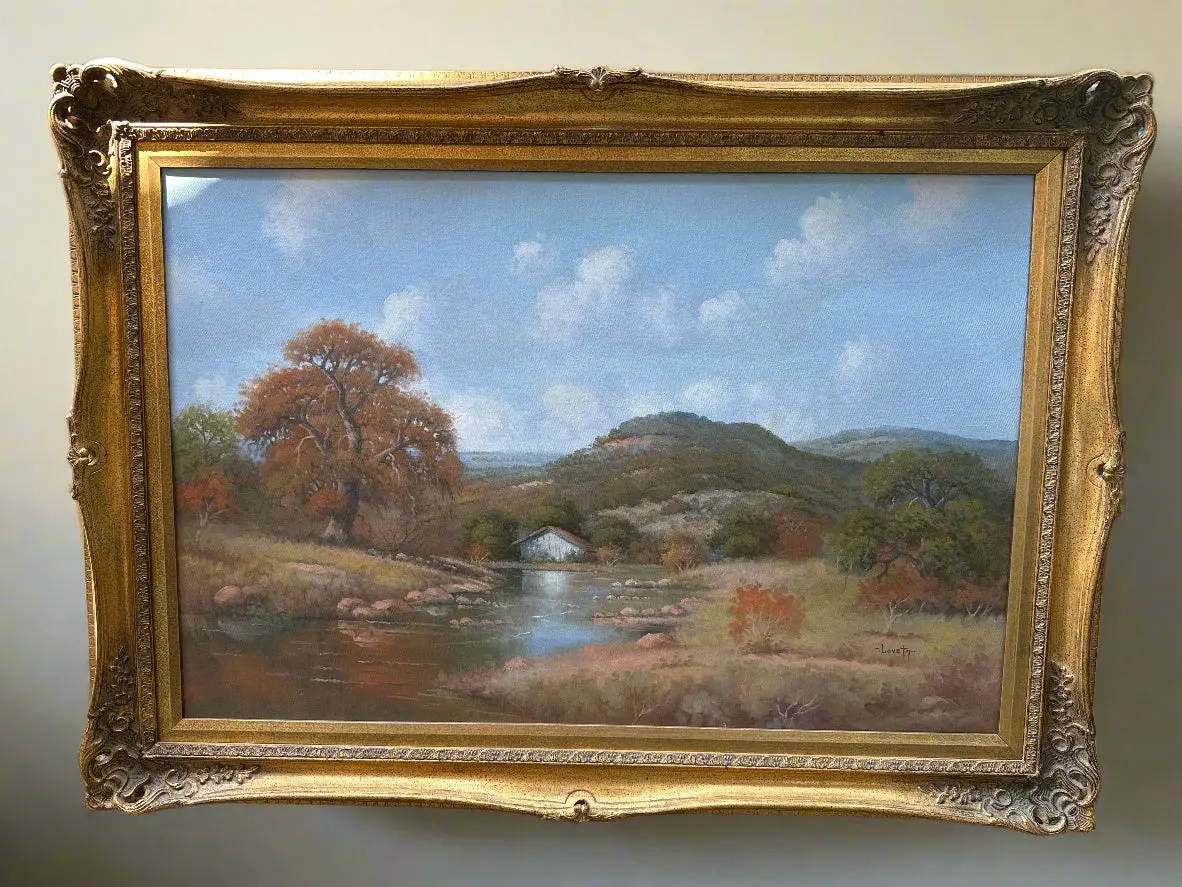 Framed Fall Oil Painting With Trees And A Shack By A Stream-Signed Lovetta 1