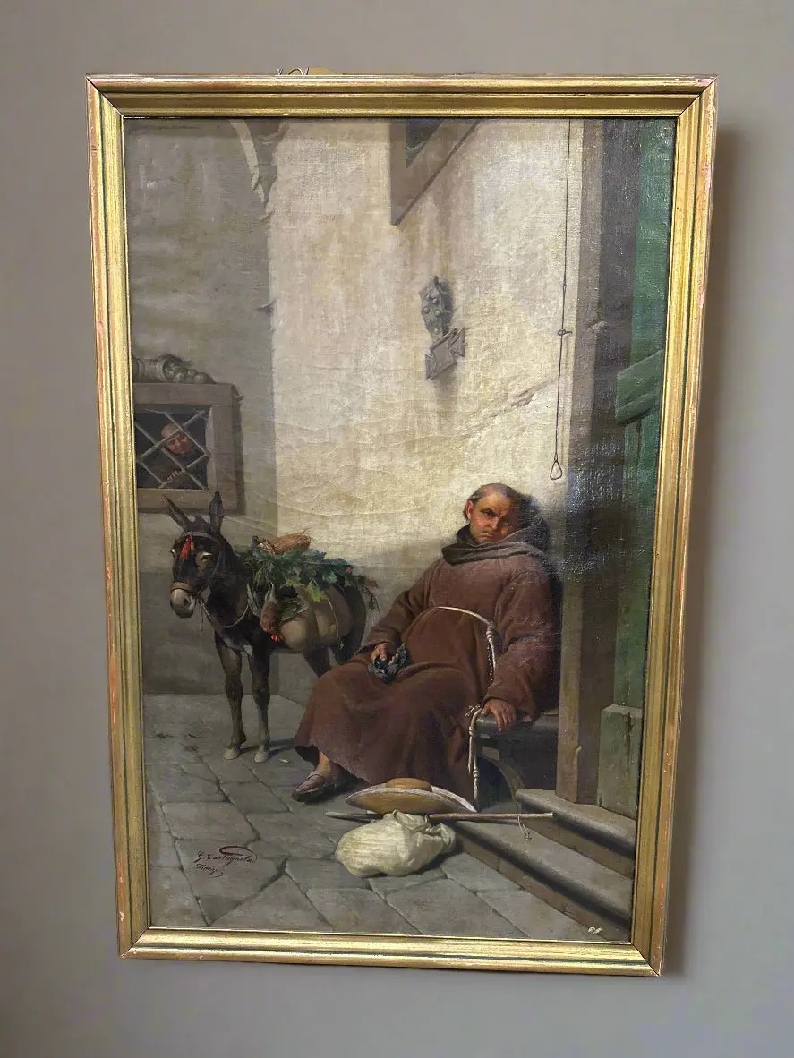 Framed Oil Painting Of A  Resting Monk 1