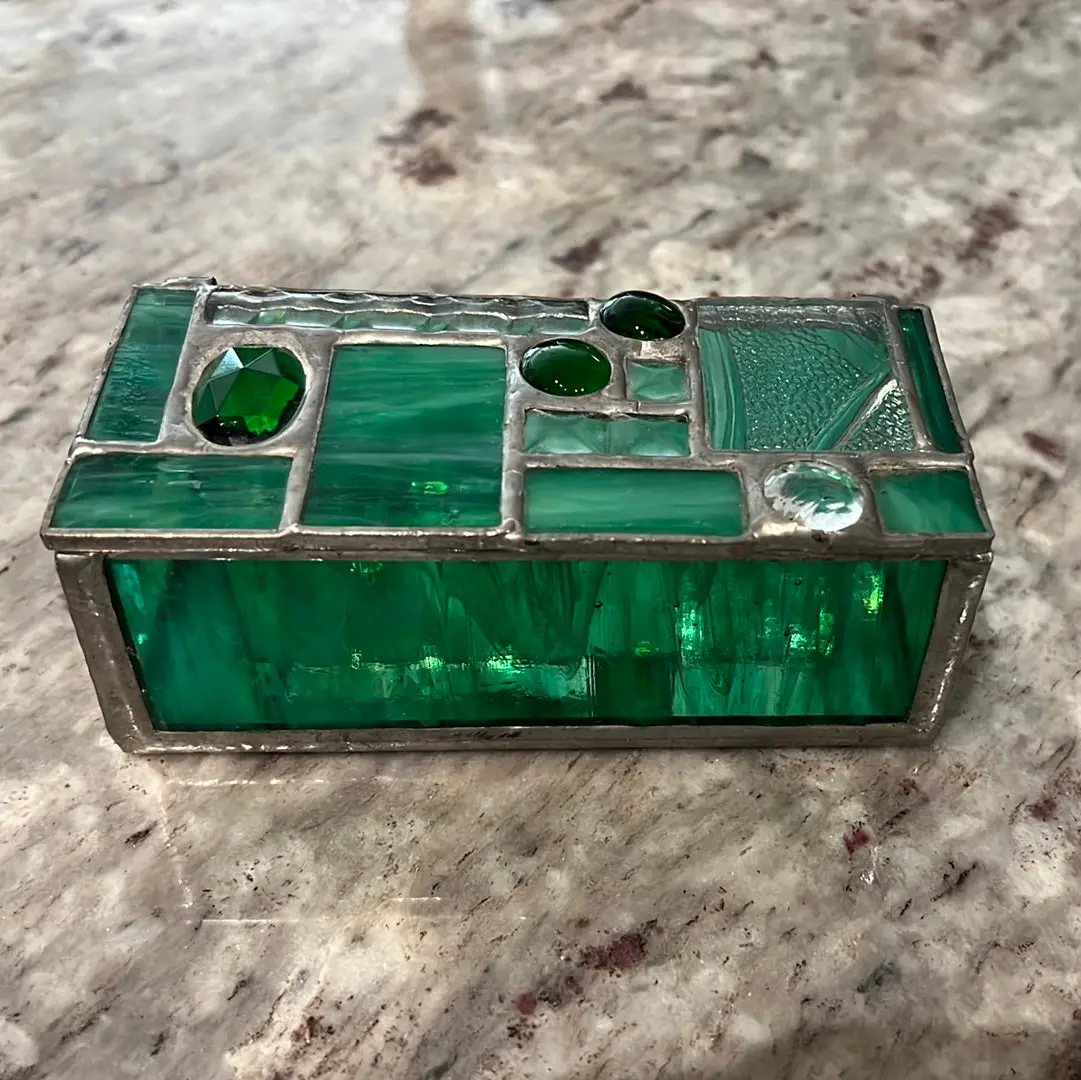 Small Green And Clear Glass Handmade Box - Signed 1