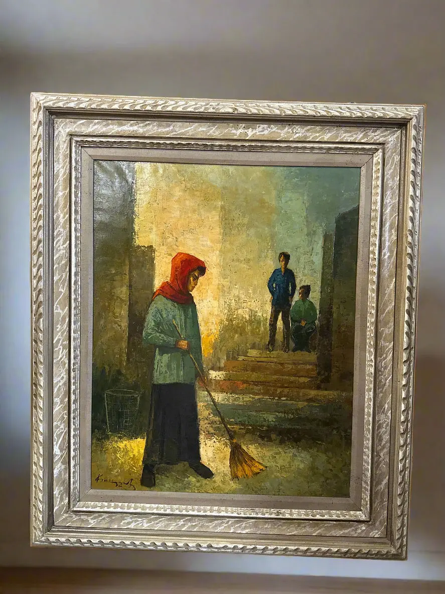 1960S Oil Painting Woman In Red Scarf 1