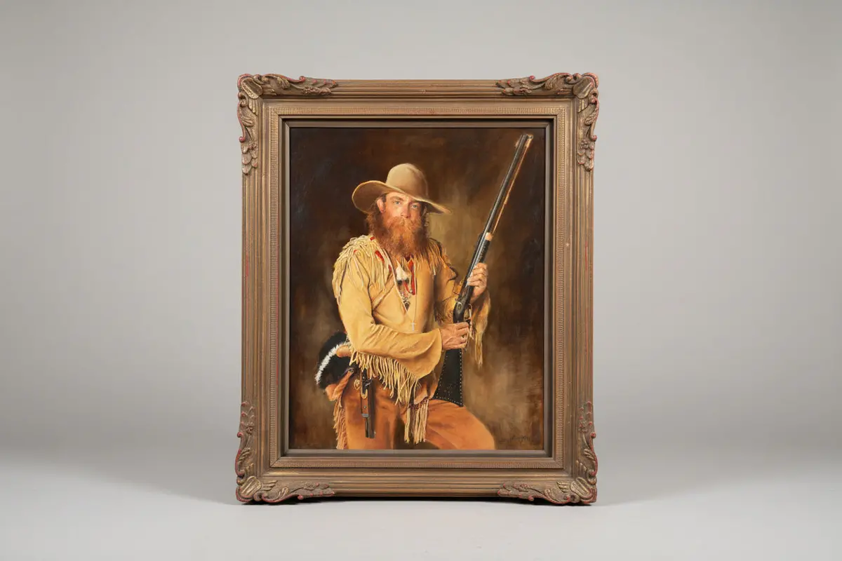 Framed Oil Painting Of A Frontiers Man With Rifle An Accessories Signed Shery Herrington Circa 1996 1