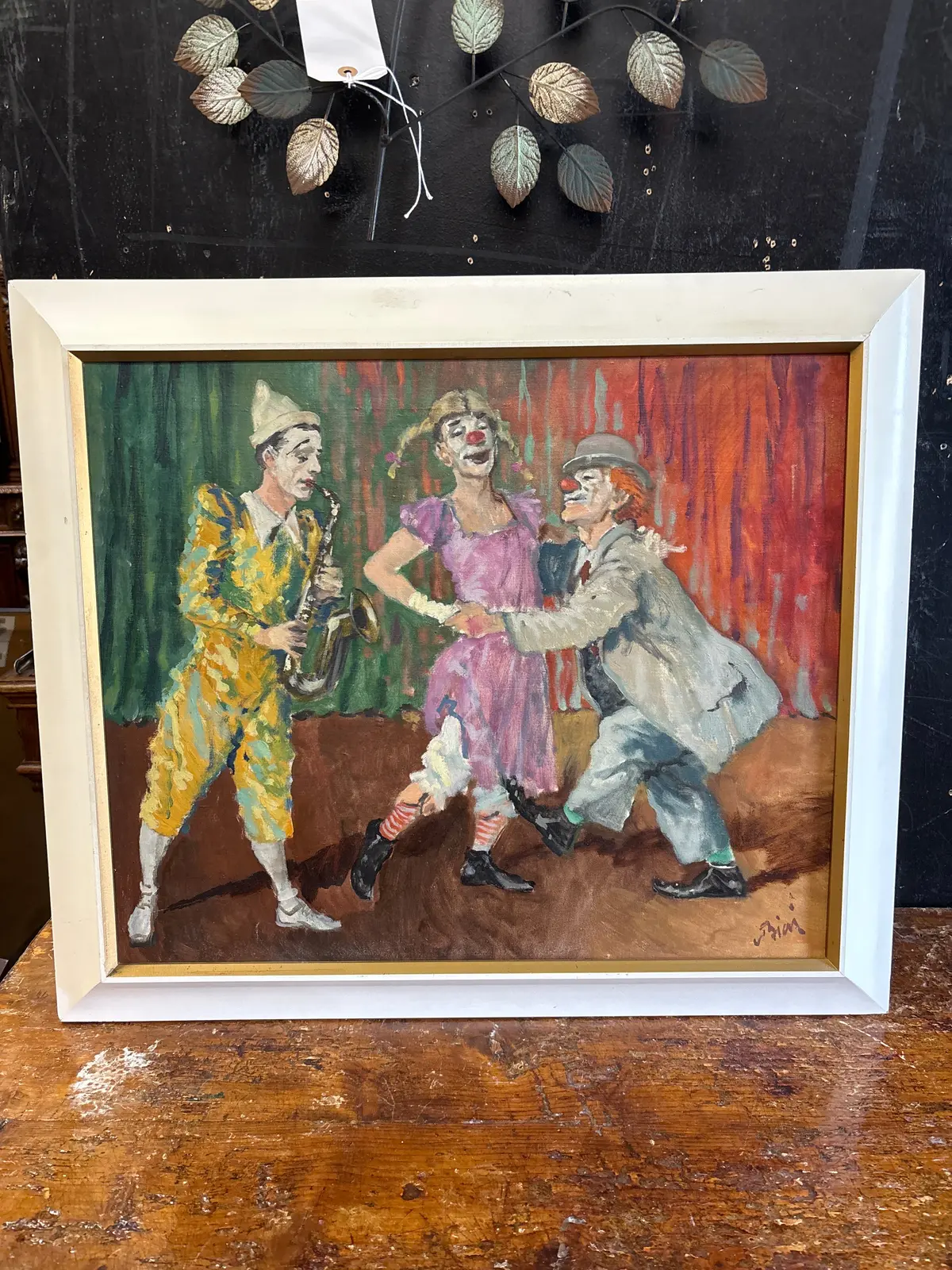 Framed Mid Century Painting Of Clowns Signed 1