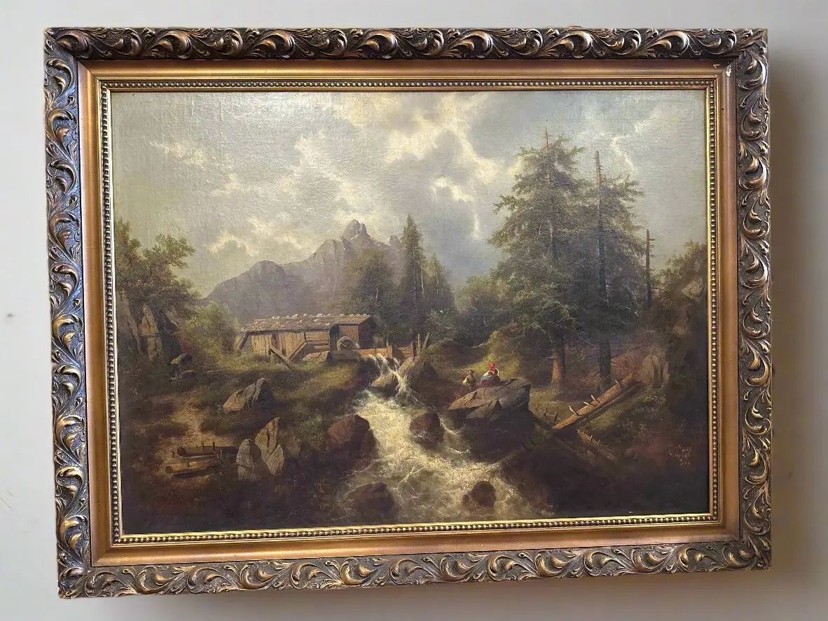 Gold Framed Landscape Oil Painting Of Northern European Watermill 1