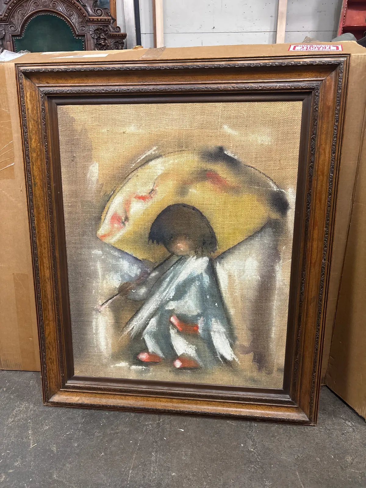 Child With Umbrella Painting On Burlap 1