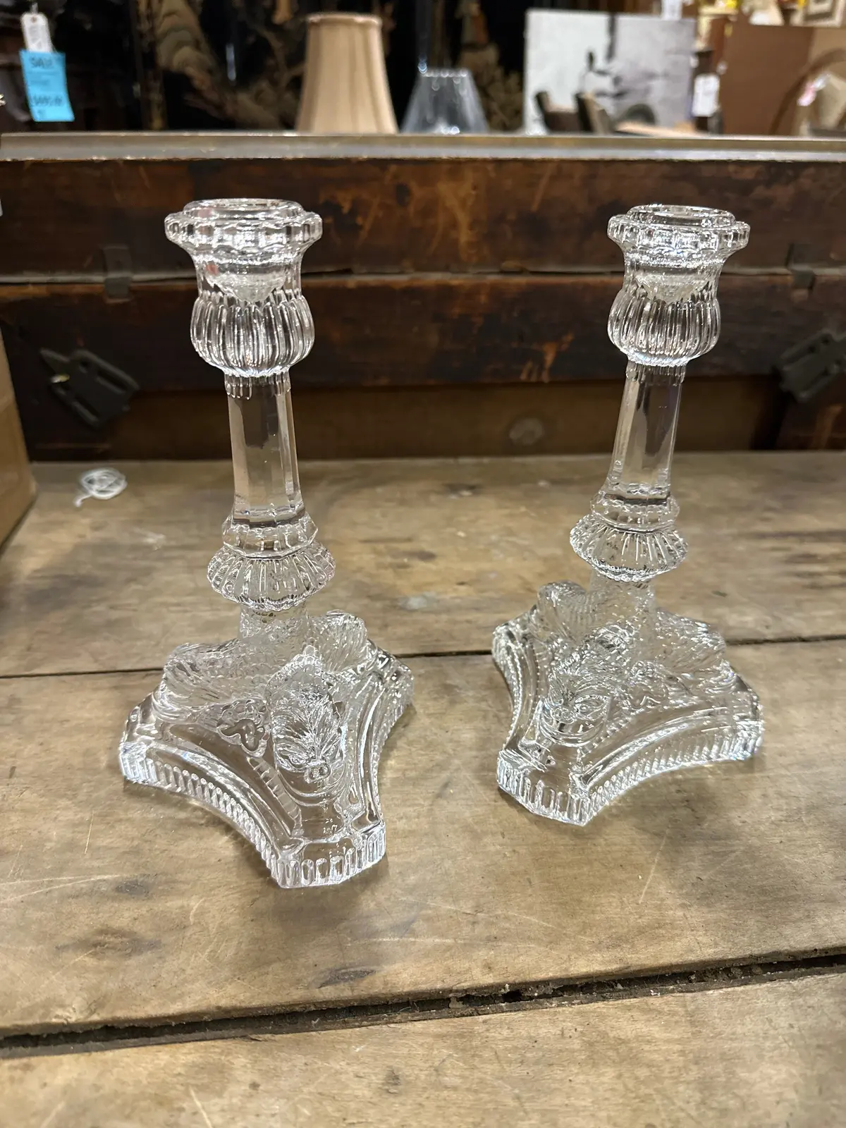 Pair Of Tiffany Glass Candle Sticks With Dolphin Fish Bases 1