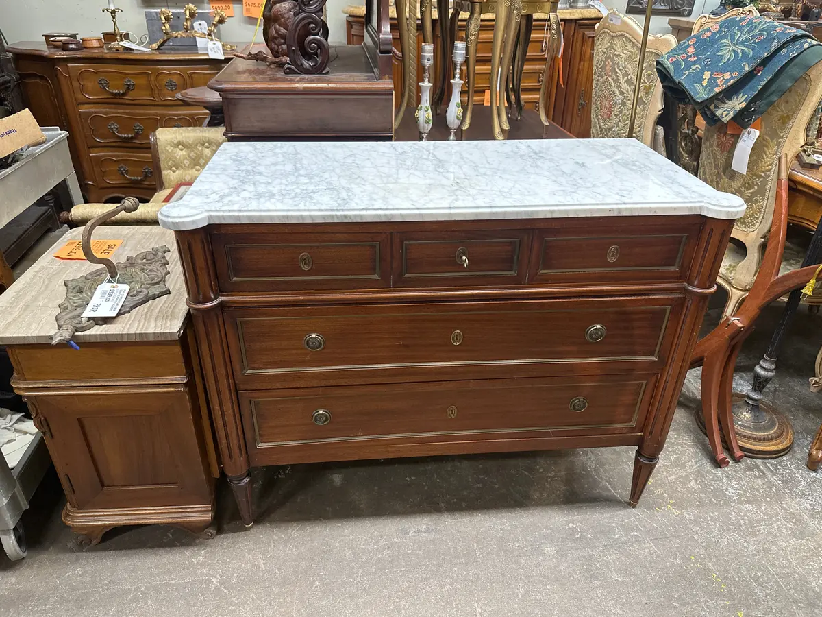 Louis Xvi Marble Top Mahogany Commode With Fluted Leg And Column 1