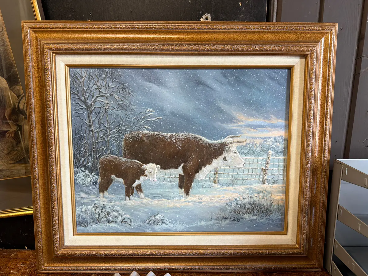 Framed Oil Painting Of Cows Signed Wanda Coffey 1