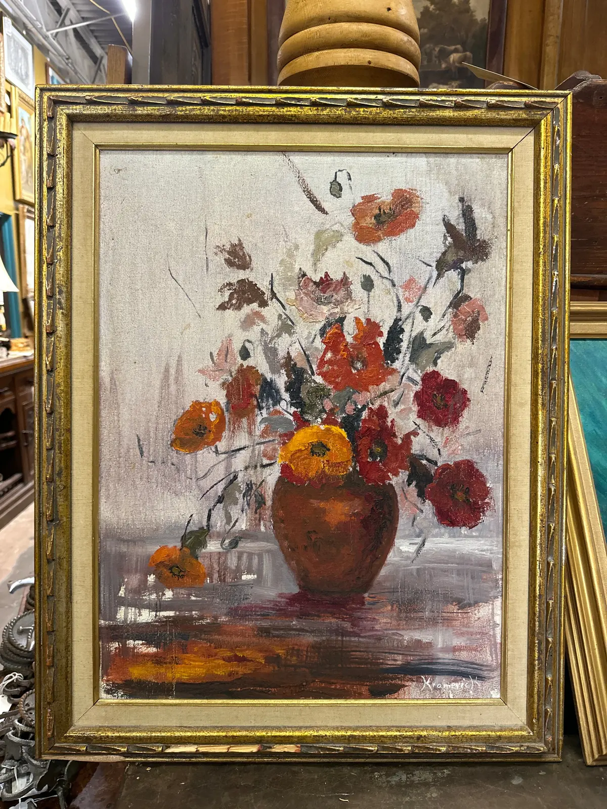Framed Still Life Oil Painting Of Flowers In Vase Signed Anne Kline 1