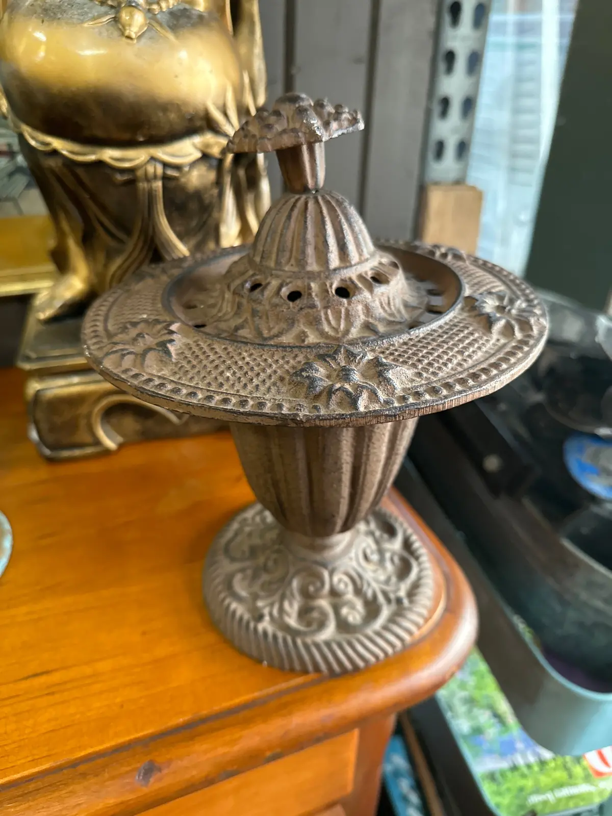 Heavy Cast Iron Lidded Incense Urn 1
